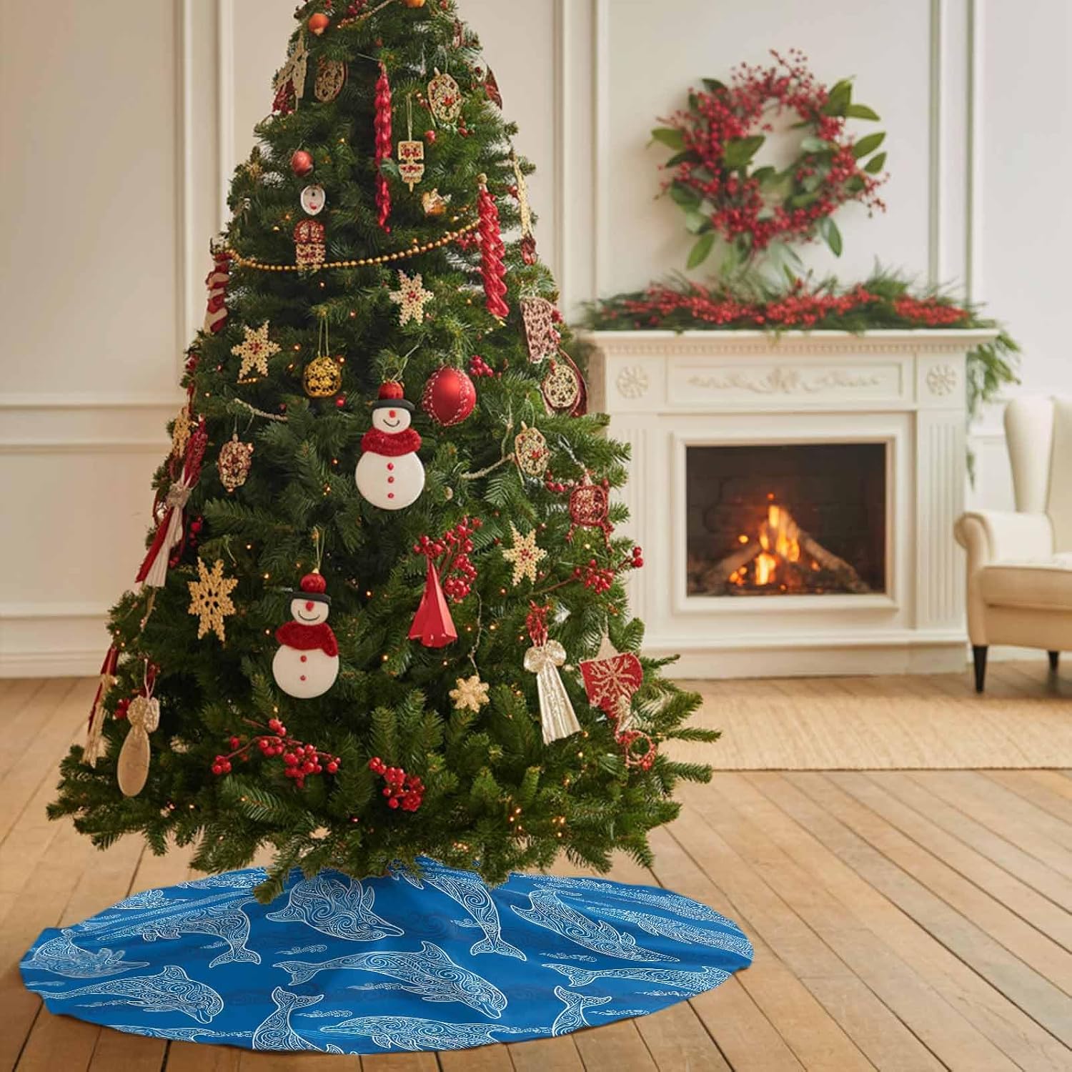 Blue Dolphin Christmas Tree Skirt 36 Inches Large Christmas Skirt Tree, Coastal Nautical Summer Beach Sea Wave Tree Skirt Christmas Decorations for Fireplace Party Holidays Indoor Outdoor