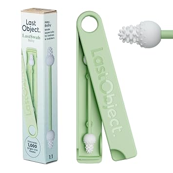 LastSwabTM Baby Reusable Cotton Swabs for Newborns & Infants - Gentle Silicone Safety Swabs, Ear & Nose Cleaner - Washable Single-Use Swab Alternative, BPA-Free, Zero Waste - Green