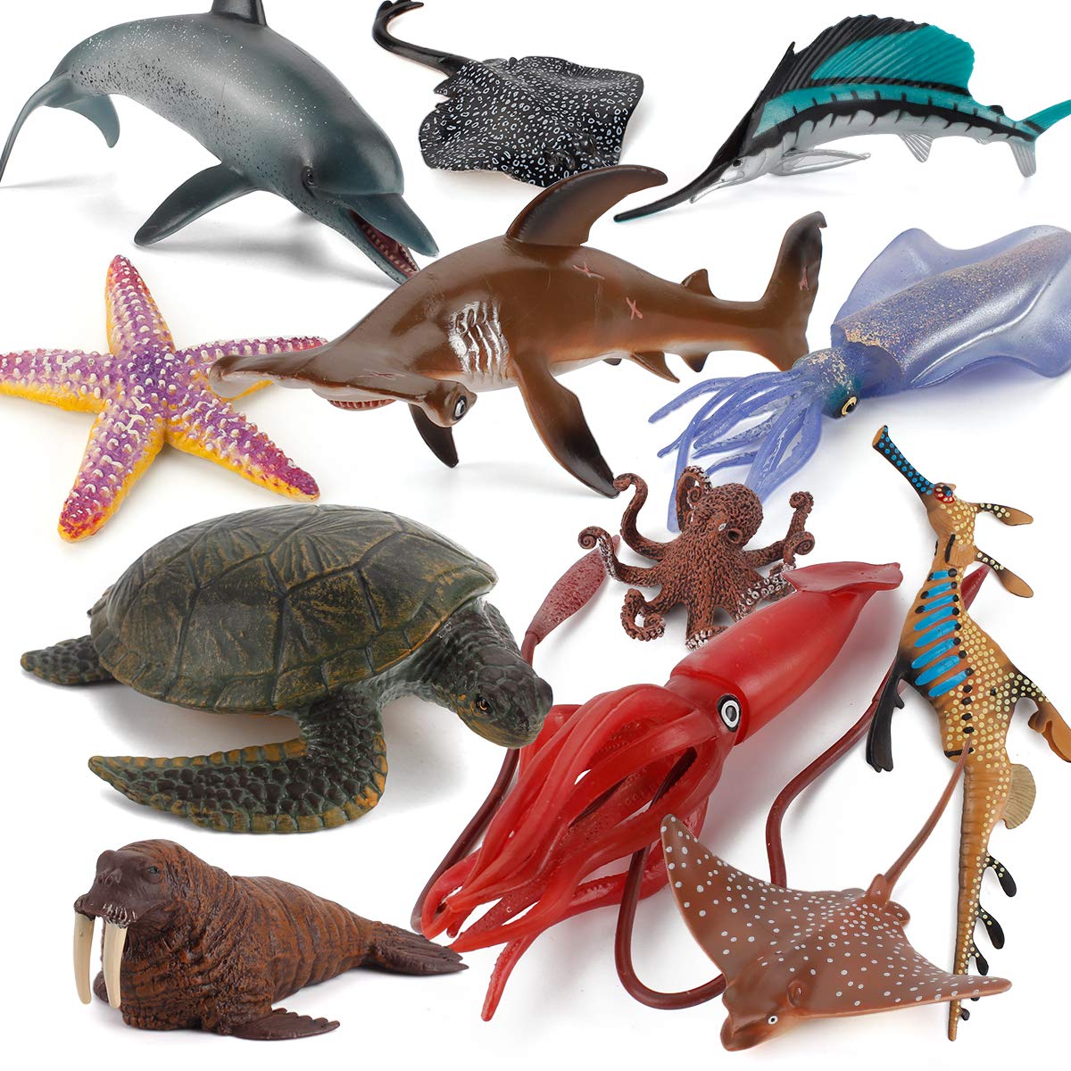 Fantarea 12 PCS Ocean Sea Marine Animal Model Figures Octopus Walrus Turtle Shark Dolphin Party Favors Supplies Cake Toppers Decoration Set Toys for 5 6 7 8 Years Old Boys Girls Kid Toddlers