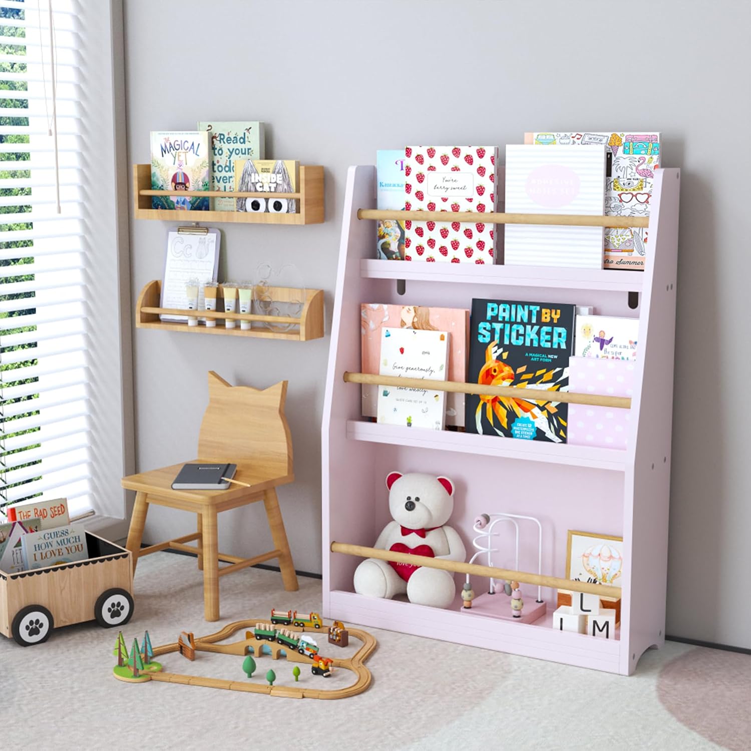 3 Tier Book Shelf Storage Organizer, 3 Colors Book Rack Multifunctional Book Shelf Display Stand Cabinet for Bedrooms, Playrooms, Classrooms (Pink)