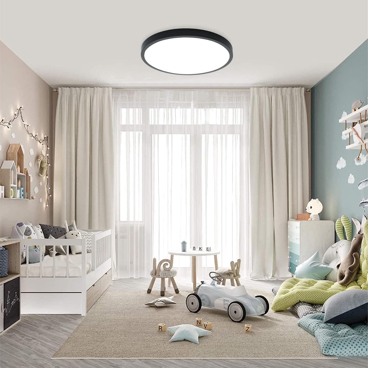 Room interior showing the ceiling light with different color temperature settings from warm to cool white