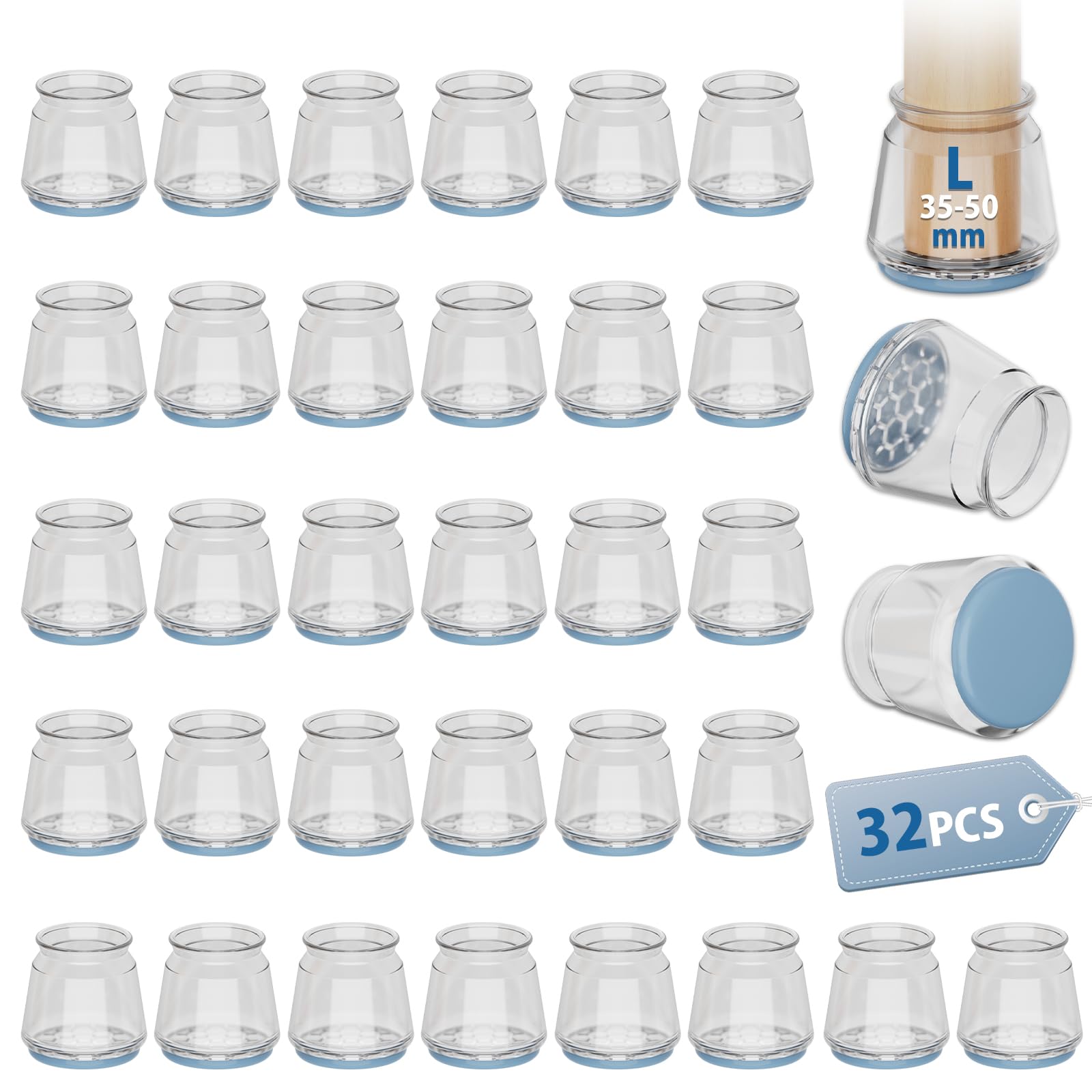 32 Pcs Round Blue Chair Leg Floor Protectors, Anti-Scratch Rubber Feet Caps for Chair Table Sofa Legs, Chair foot glide carpet protector, Protect Wooden Floors and Reduce Noise(Fit:35-50mm)