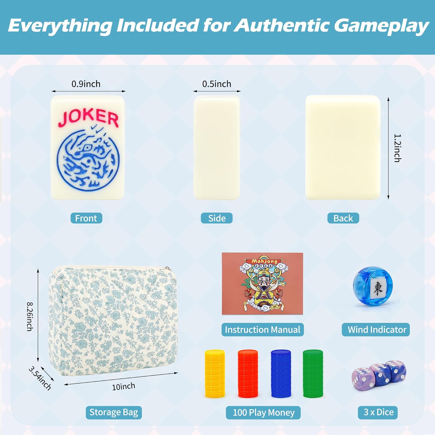 Jolitac American Mahjong Game Set, 166 Premium Tiles, 1.2-inch Mahjong Tile Set with Sturdy Carrying Bag, Thickened Mah-Jongg Tiles Bag Portable Travel Complete Mahjong Set