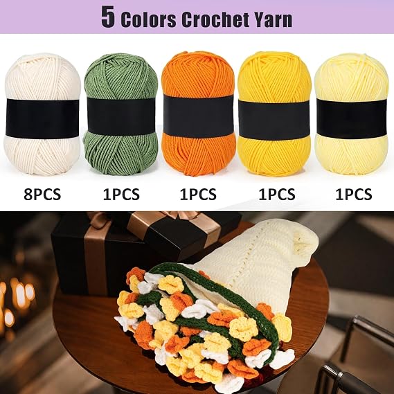 Flower Blanket Kit for Beginners, Handmade Bouquet Crochet Yarn Accessories, Adult Craft Knitting Starter Kit for DIY Women (Yellow, Material Pack 90cm)