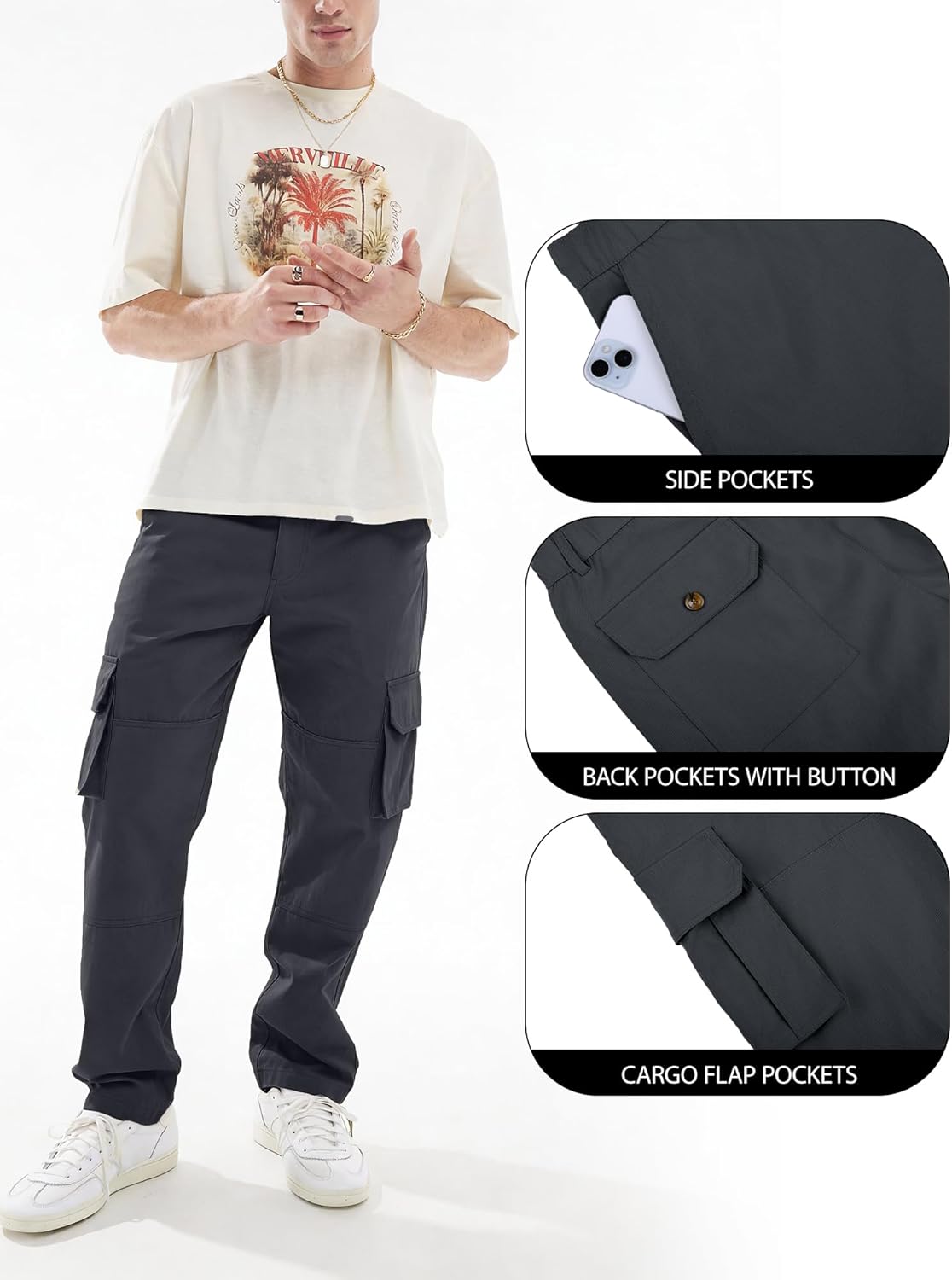 PLEPAN Mens Casual Straight Leg Stretch Cargo Pants Lightweight Relaxed Fit Drawstring Elastic Waist Pants with Multi Pockets - Image 5