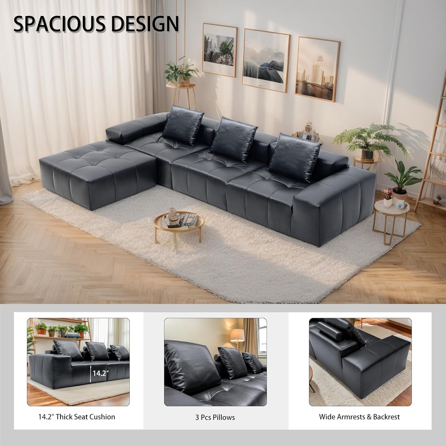 MEISIMAN 136" Leather Couch, L Shaped Couch - Sectional Couches with Ottoman, Modular Sectional Sofa & Memory Foam Cloud Couches for Living Room, No Assembly Required (Black Leather)