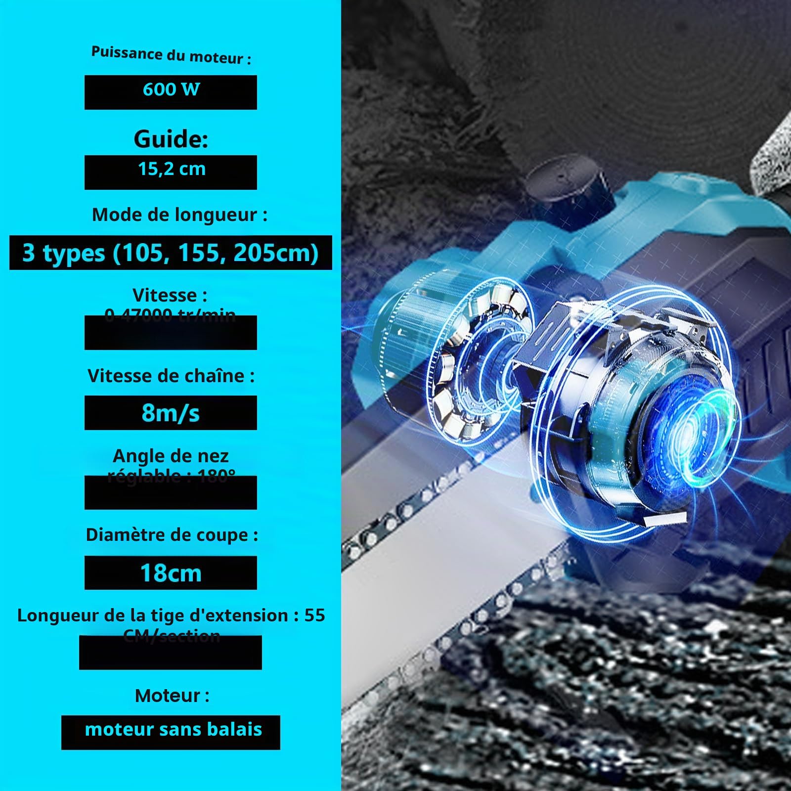 Élagueuse professionnelle sans fil compatible avec Makita 18 V, 6 ", scie à élaguer 2 en 1, avec manche télescopique et télescopique, hauteur de travail 4,5 m (sur batterie)