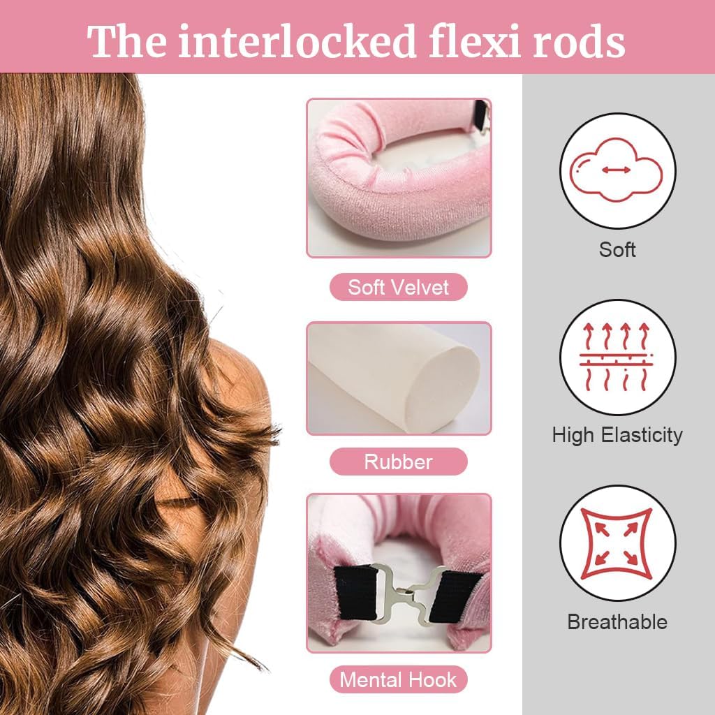 BALTHAZAR,Heatless Hair Curler, Flexible Curling Rod with Hook, Non-Damaging Hair Curling Strips, 3 Counts Brown Colour, Hair Curler with Hook, for All Hair Types, Overnight Curler for Beautiful Natural Wave Texture (PINK) 1