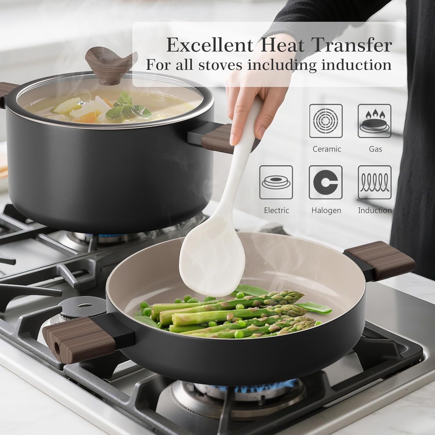 VONIKI Ceramic Cookware Set, Nonstick Stock Pots With Stainless Steel Steamer for Cooking Pot Set, Soup Pot With Lid, Multipots with Steamer Basket for Pot, Pasta Strainer Insert, Pots and Pans Black