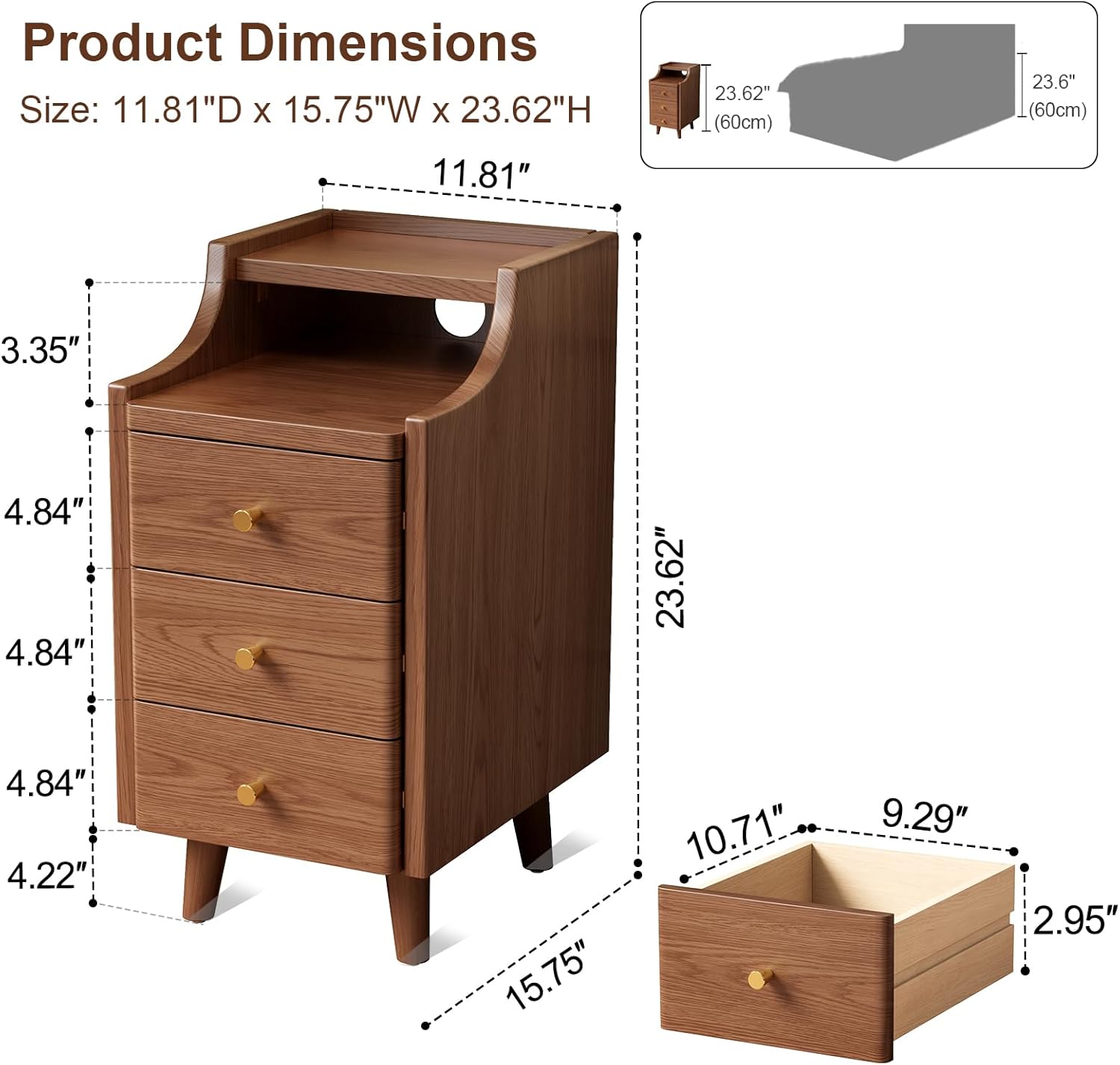 Solid Wood Narrow Nightstand with Drawers,Walnut Nightstand Wood Bedside Table Modern for Bedroom,Study,Toilet