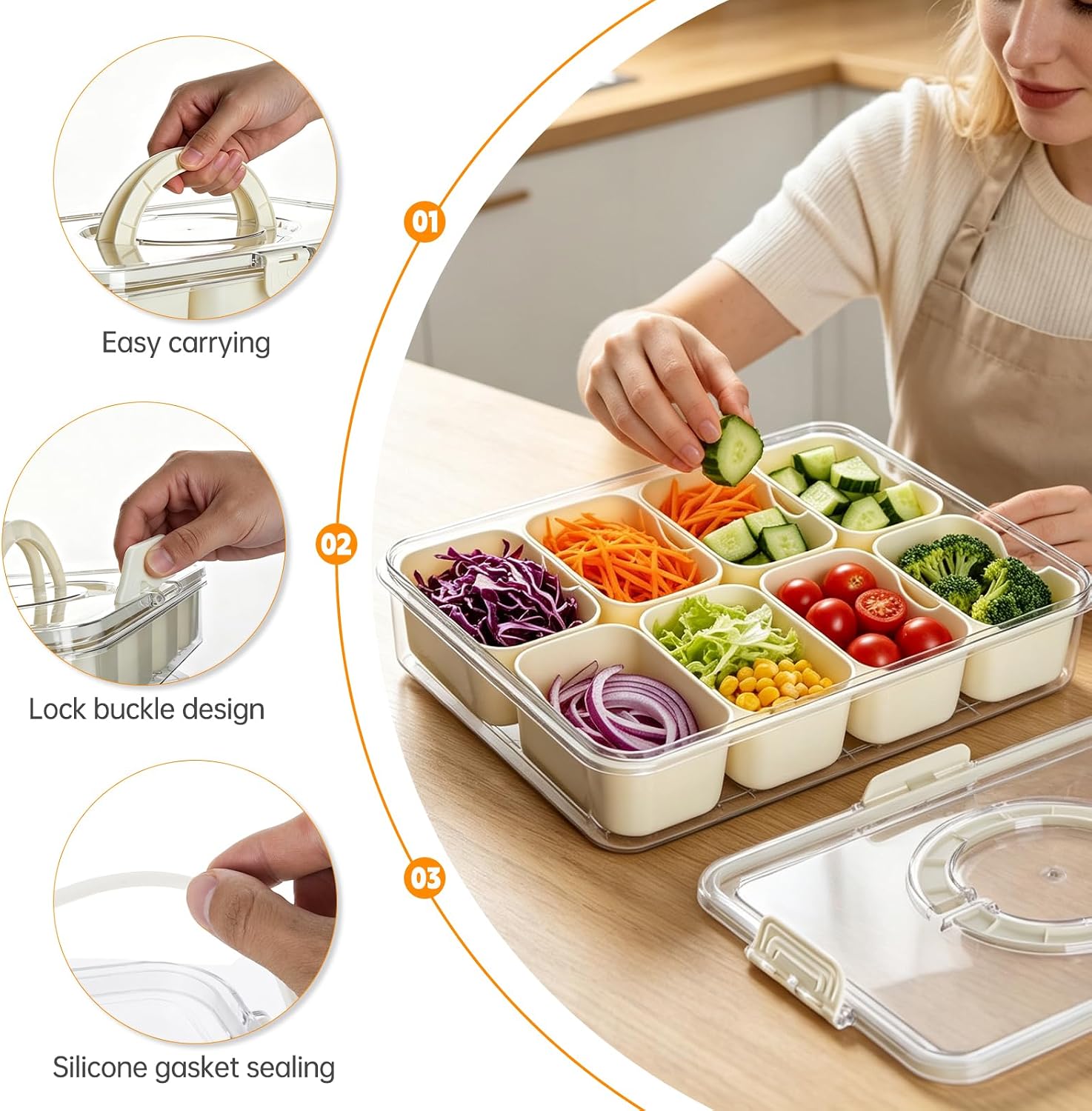 Runhike Salad Bar Containers for Fridge, Veggie Tray with Lid Handle