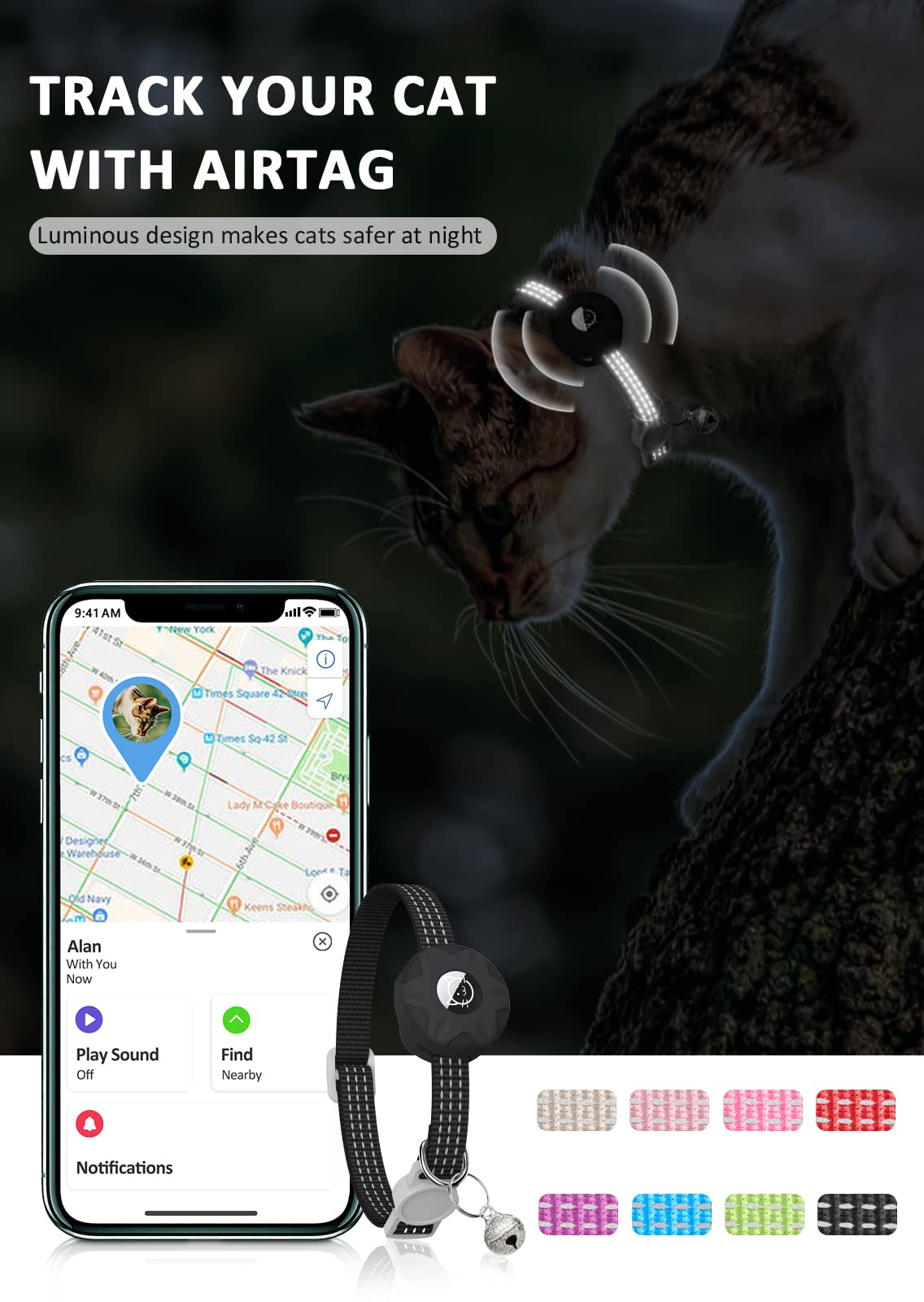 AirTag - Collar reflectante para gato, collar de gato Apple Air Tag, collar de gato GPS con soporte para AirTag y campana, collares de gato ligeros para niñas, niños, gatos, gatitos, cachorros (negro)