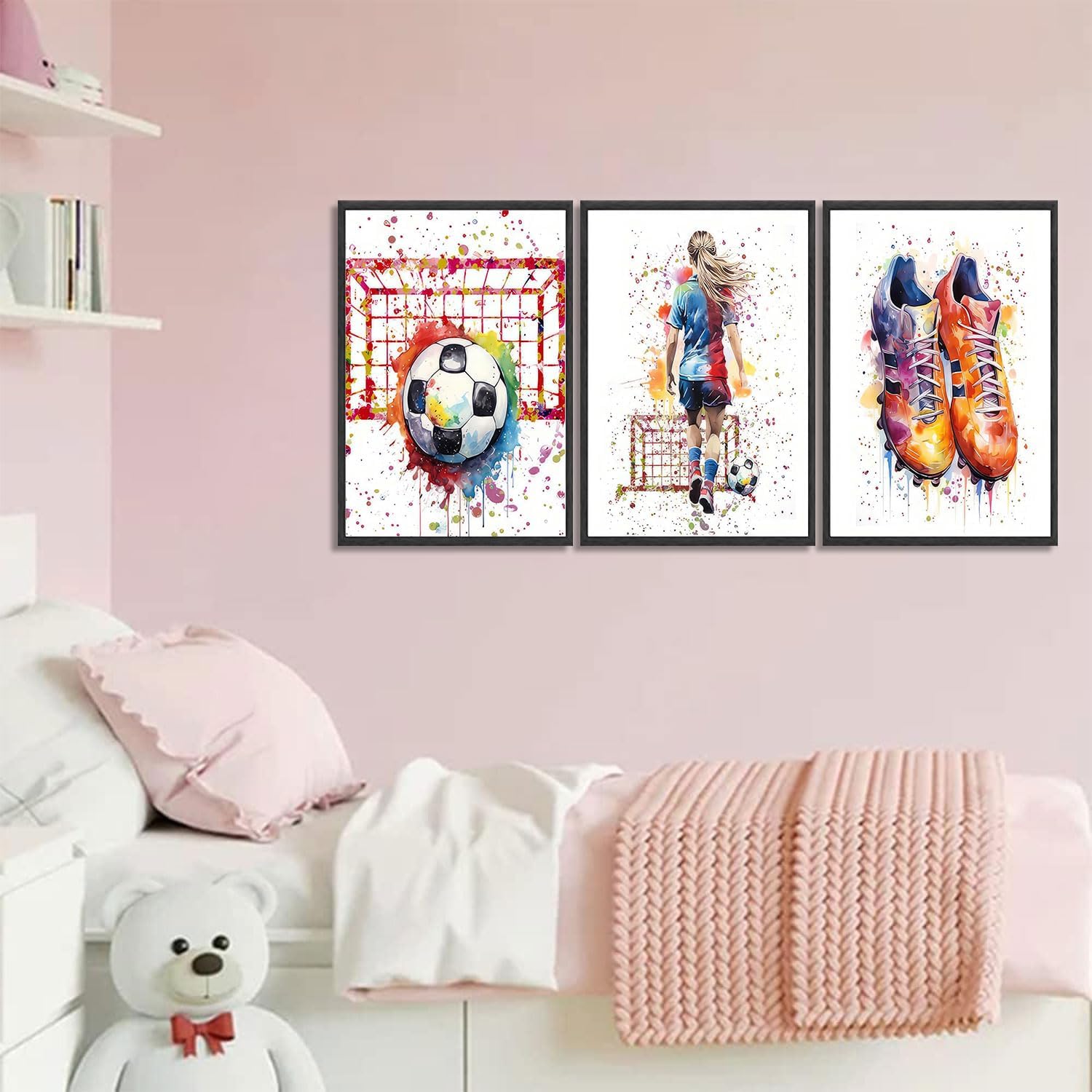 3Pcs Girl Graffiti Soccer Canvas Wall Art Colorful Sneakers Posters Prints Wall Decor Pictures Sports Theme Football Painting for Bedroom Girls Room Teen Kids Playroom Artwork Home Decoration Unframed