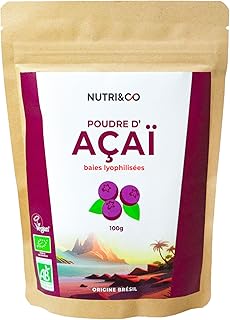 NUTRI & CO Açaï BIO en Poudre 100g - Naturellement Riche en Antioxydants, Vitamine C & Oméga 9 - Issue de l’Agriculture Durable et Équitable en Amazonie - Superaliment Lyophilisée Bio et Vegan
