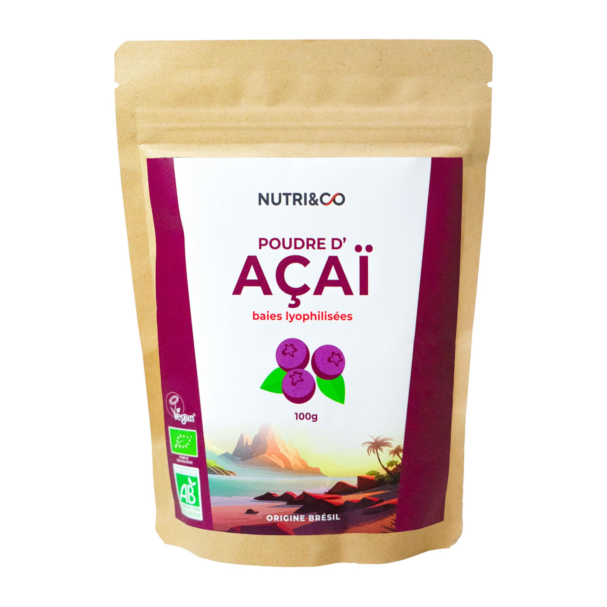 NUTRI & CO Açaï BIO en Poudre 100g - Naturellement Riche en Antioxydants, Vitamine C & Oméga 9 - Issue de l’Agriculture Durable et Équitable en Amazonie - Superaliment Lyophilisée Bio et Vegan