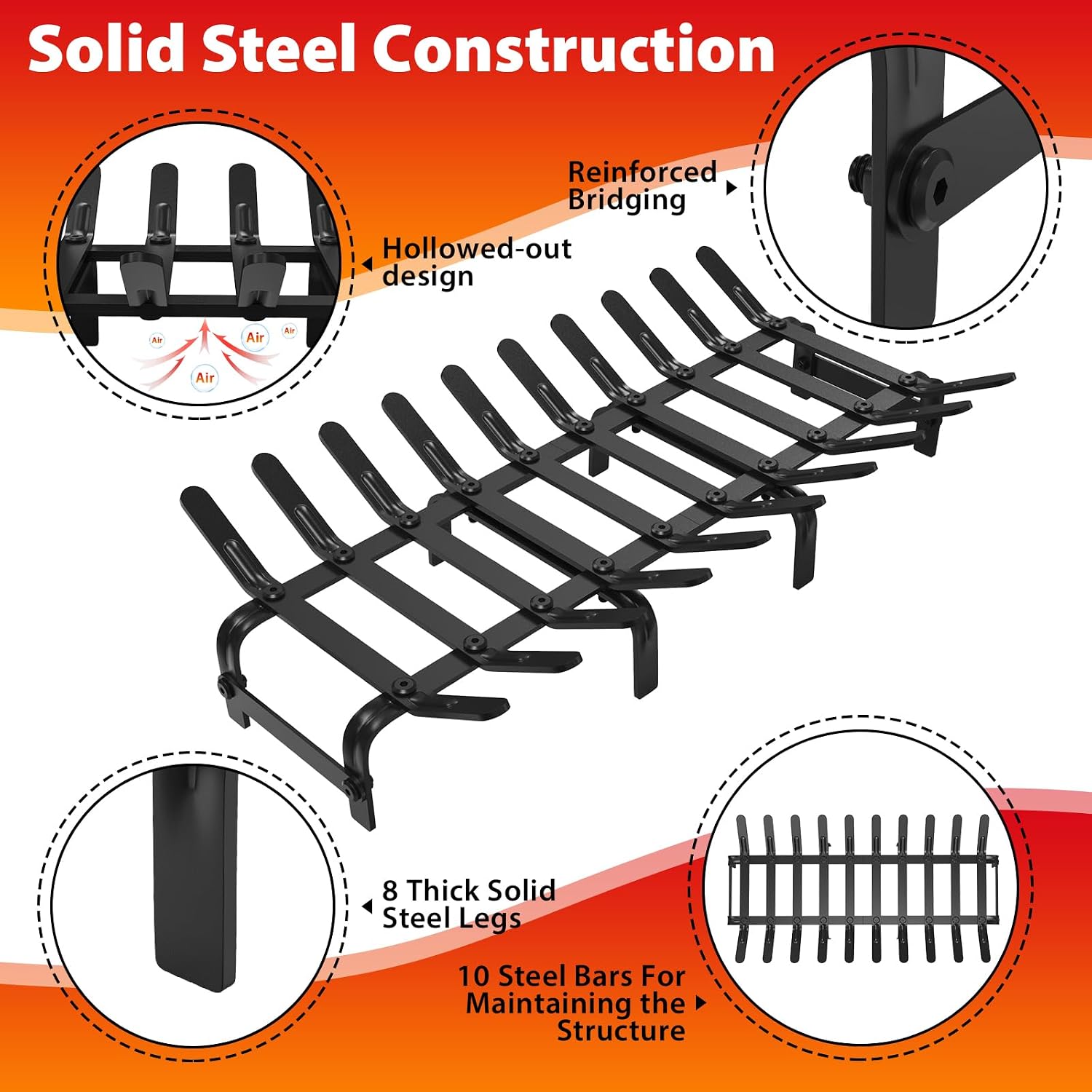 YSEJOMP Steel Fireplace Grates Stove Grate Rack for Efficient and Effective Wood Burning Indoor Hearth Outdoor Firepit Matt Black (Black, 24 X 12.5 Inch)