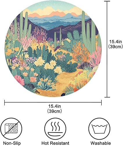 Miniatura 3 de Manteles individuales redondos de desierto con flores florecientes de cactus, manteles individuales reutilizables de Navidad para mesa de comedor,