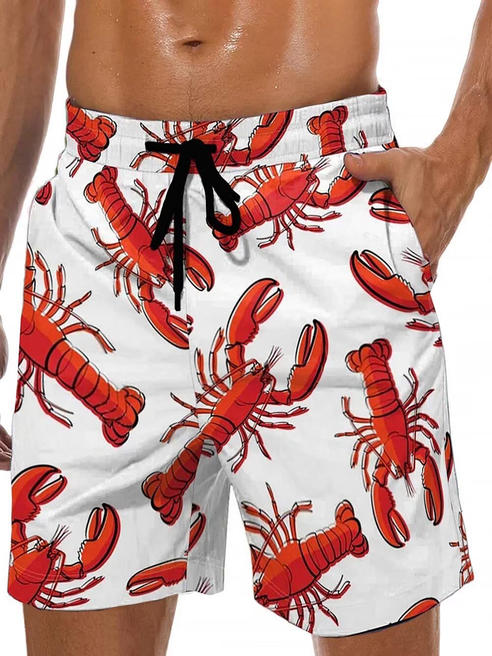 Lzzidou Men's Swim Trunks 9 Inch Inseam Bathing Suit Hawaiian Swimsuits Mesh Lining Beach Shorts with Pockets, White-lobster, L