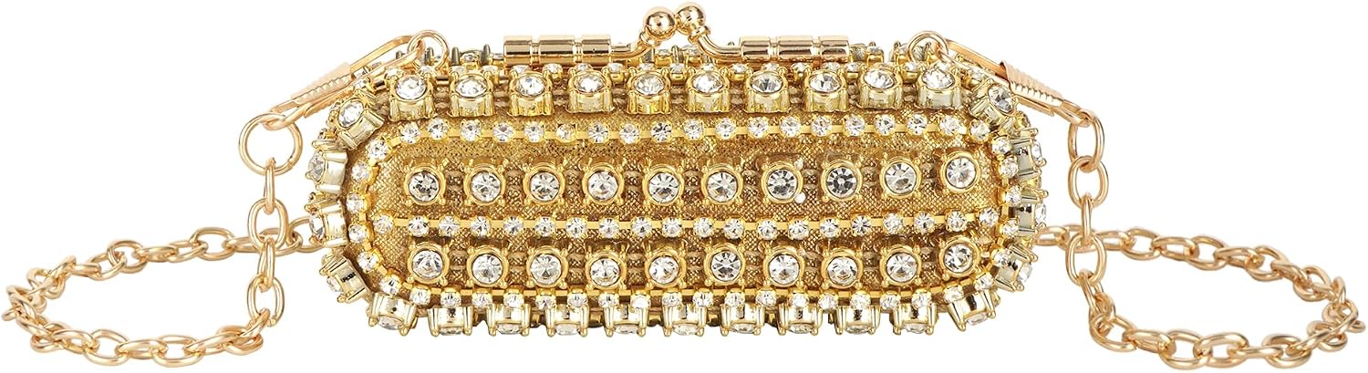LABANCA Rhinestone Lipstick Case With Mirror Mini Lipstick Crossbody Bag With Chain Strap Crystal Cosmetic Storage Box, Gold
