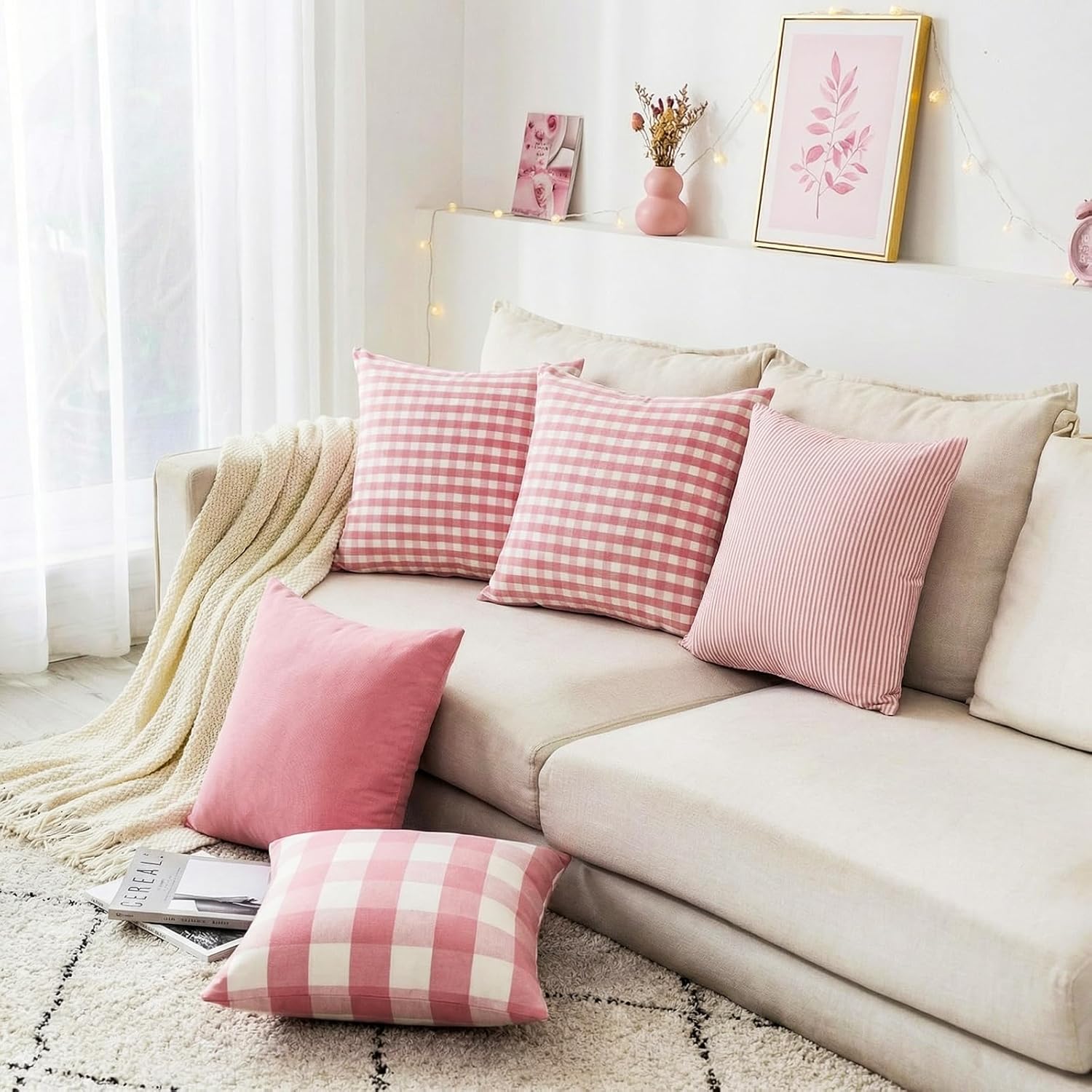 Spring Light Pink Striped Throw Pillow Covers 18x18 Set of 2, Farmhouse Outdoor Decorative Stripe Pillow Covers For Patio Furniture, Funky Blush Pink Throw Pillows 18 x 18 (No Pillow Inserts) - Image 4