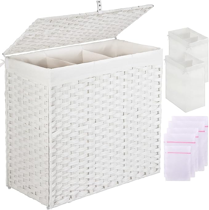 Greenstell Laundry Hamper with Lid, 125L Large 3 Sections Clothes