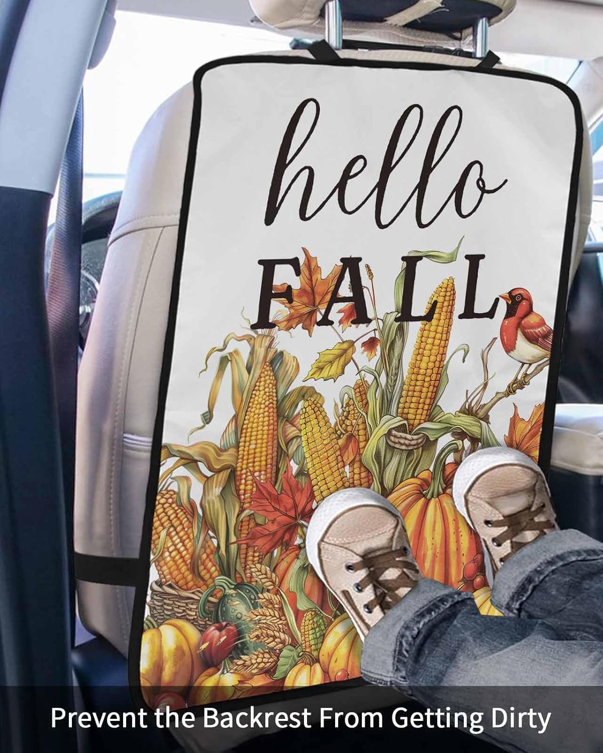 T&H XHome Car Seat Protector, 2 Pack Kick Mats Back Seat Protector Fall Thanksgiving Orange Pumpkins Corn Wheat Robin Waterproof Backseat Cover for Kids Universal Fit Automotive Interior Protectors