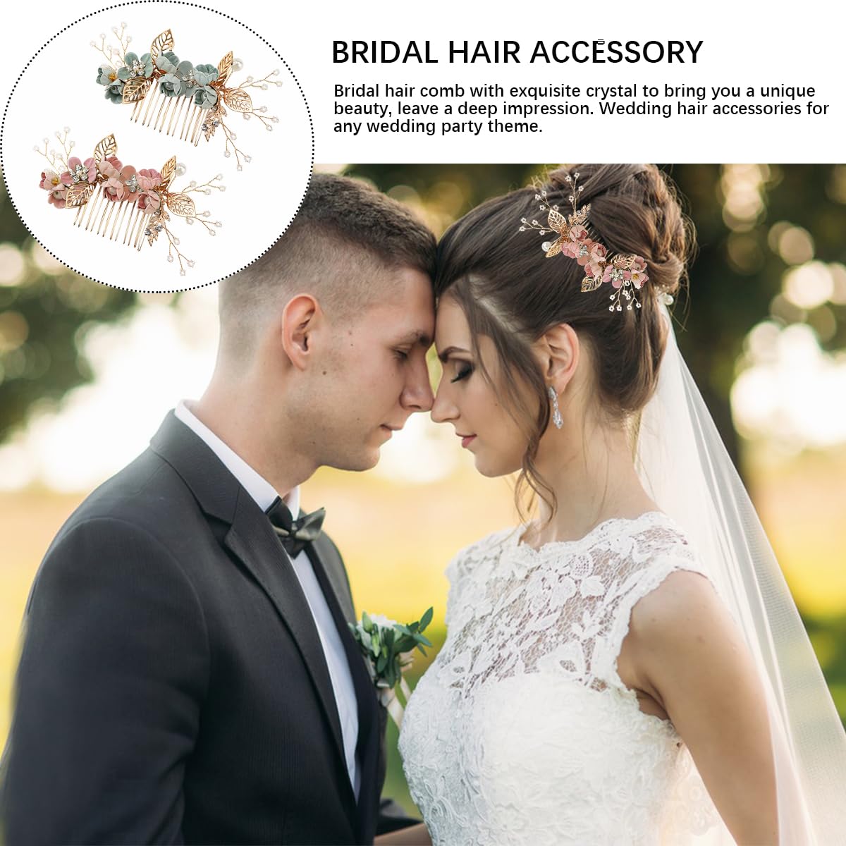 ZJIVQO 2pcs Handmade Wedding Hair Comb,Pearl Crystal Hair Clips,Bridal Crystal Leaf Hair Vine Comb Wedding Hair Accessories for Women Girls Bridemaid (Green,Pink) - Image 4