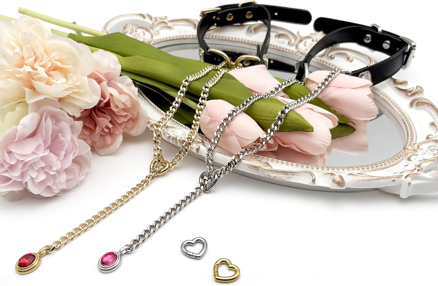 Adjustable Black Vegan Leather Choker Necklace with Heart Slip Chain & Crystal Drop – Punk Y-Necklace for Women