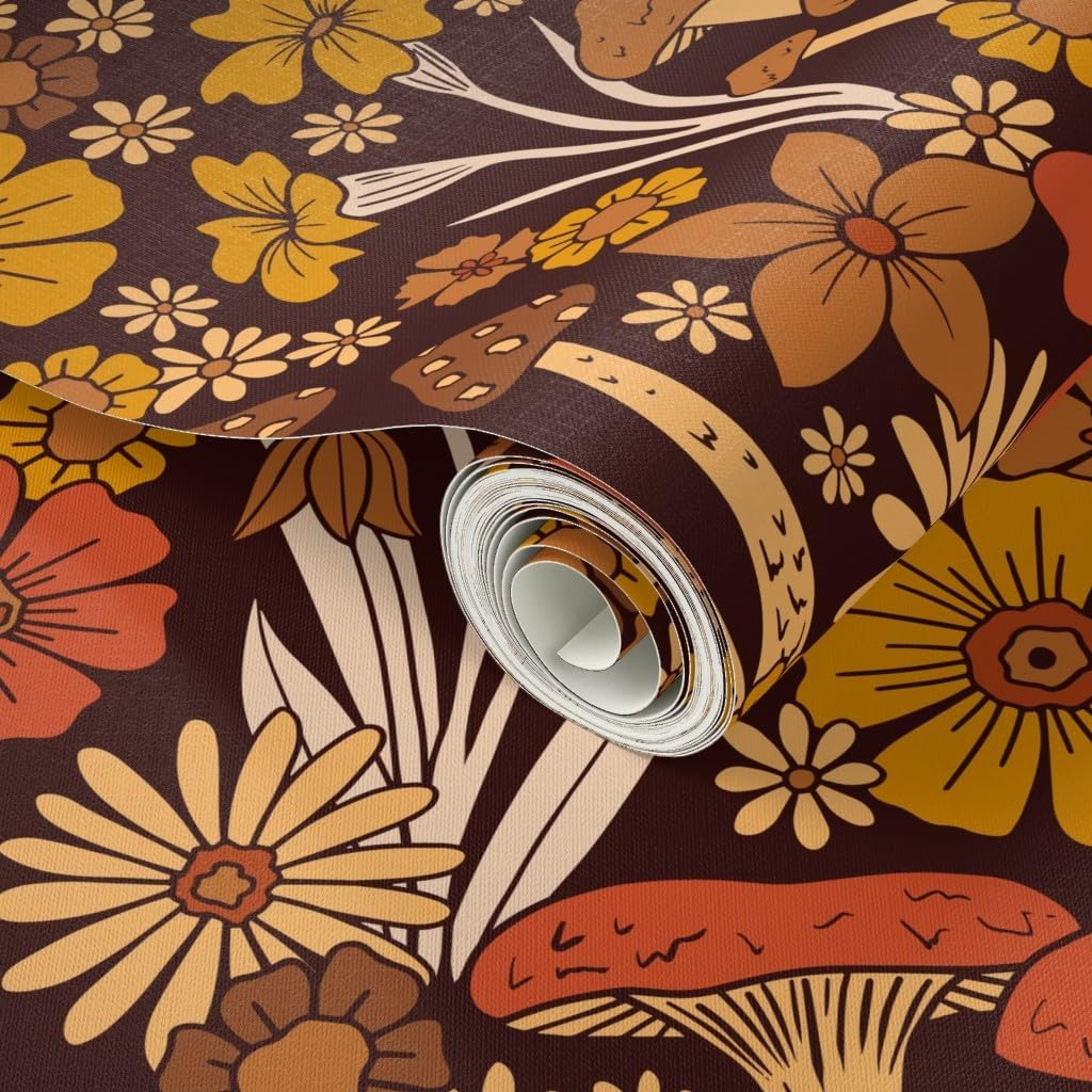 Peel & Stick Wallpaper 6ft x 2ft - Vintage Style Flower,Floral Retro,1970s Hippie,70s Mushroom,Brown Orange Custom Removable Wallpaper by Spoonflower
