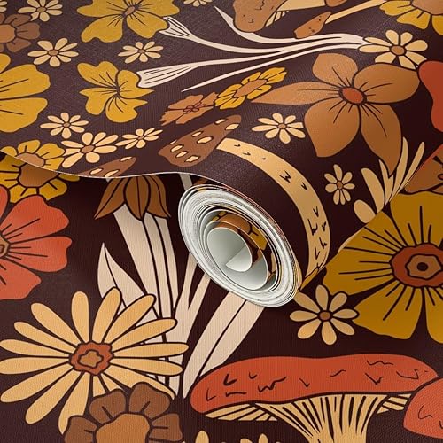 Miniatura 2 de Spoonflower Papel tapiz de despegar y pegar - flor de estilo vintage, retro floral, hippie de los años 70, hongo de los años 70, marrón naranja