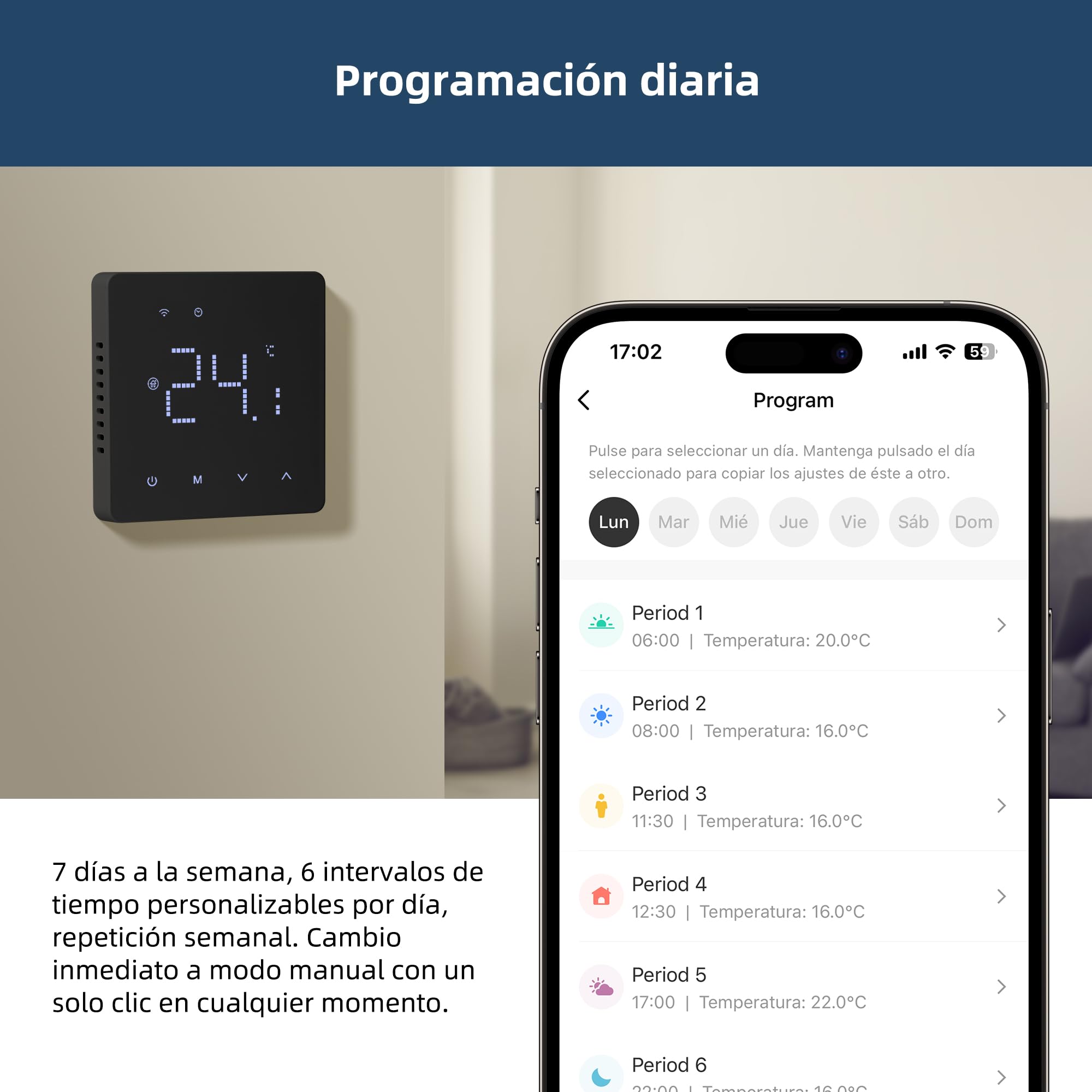 Beok Termostato WiFi para Caldera, programación Diaria, controlable a través de Tuya o Smart Life, Compatible con Alexa y Google Assistant, Control por Voz, 230 V, termostato Empotrado Negro.