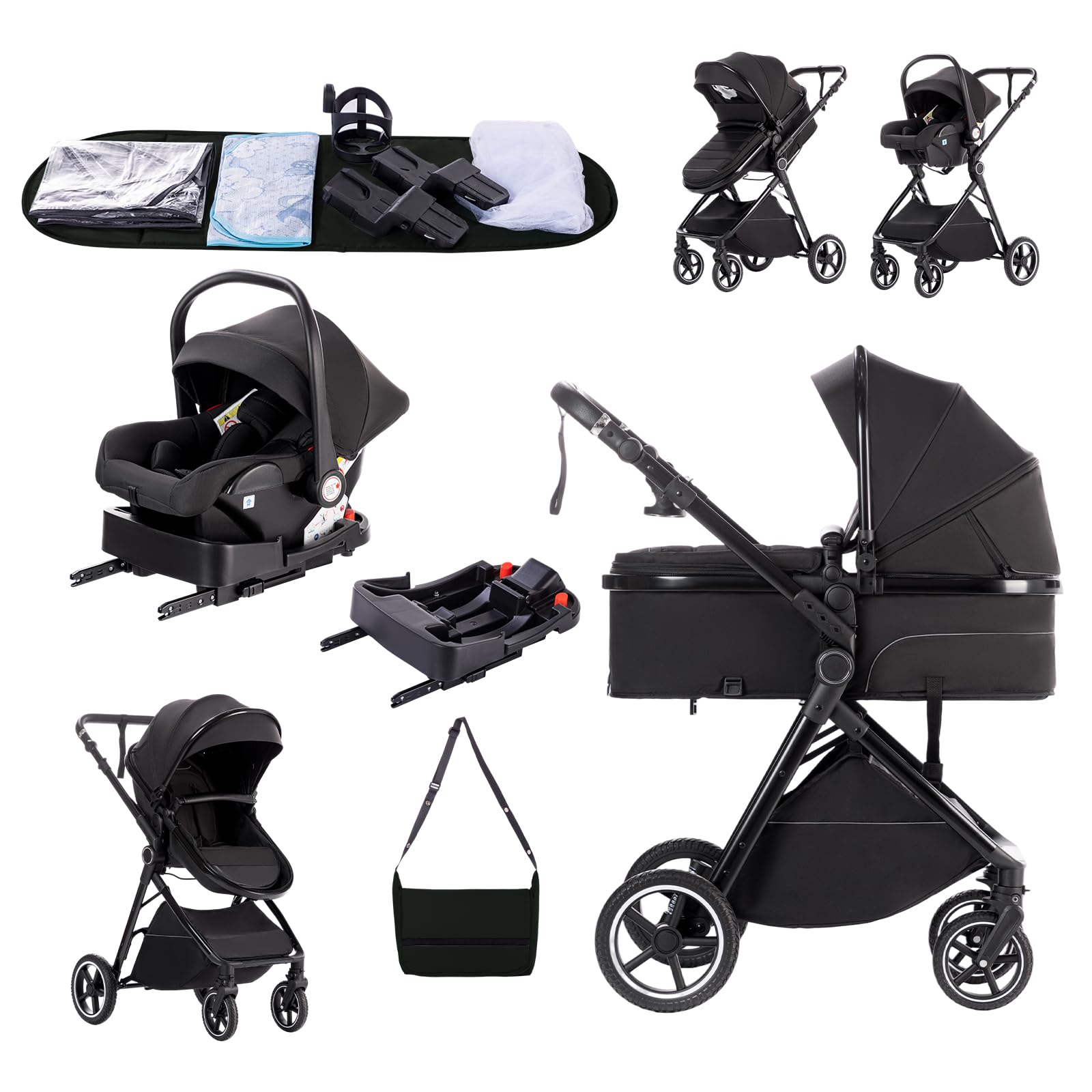 Zkipm Carrito de Bebe 3 en 1,Con Asiento & Isoifx base(Negro)