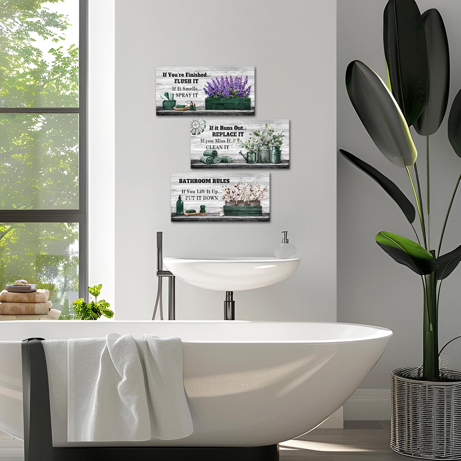 HOMEOART Bathroom Rules Bathroom Wall Decor Farmhouse Bath Room Decor Sign Toilet Rules for Guest Room, Framed Art Pictures 8x16inchx3Pieces (Green)
