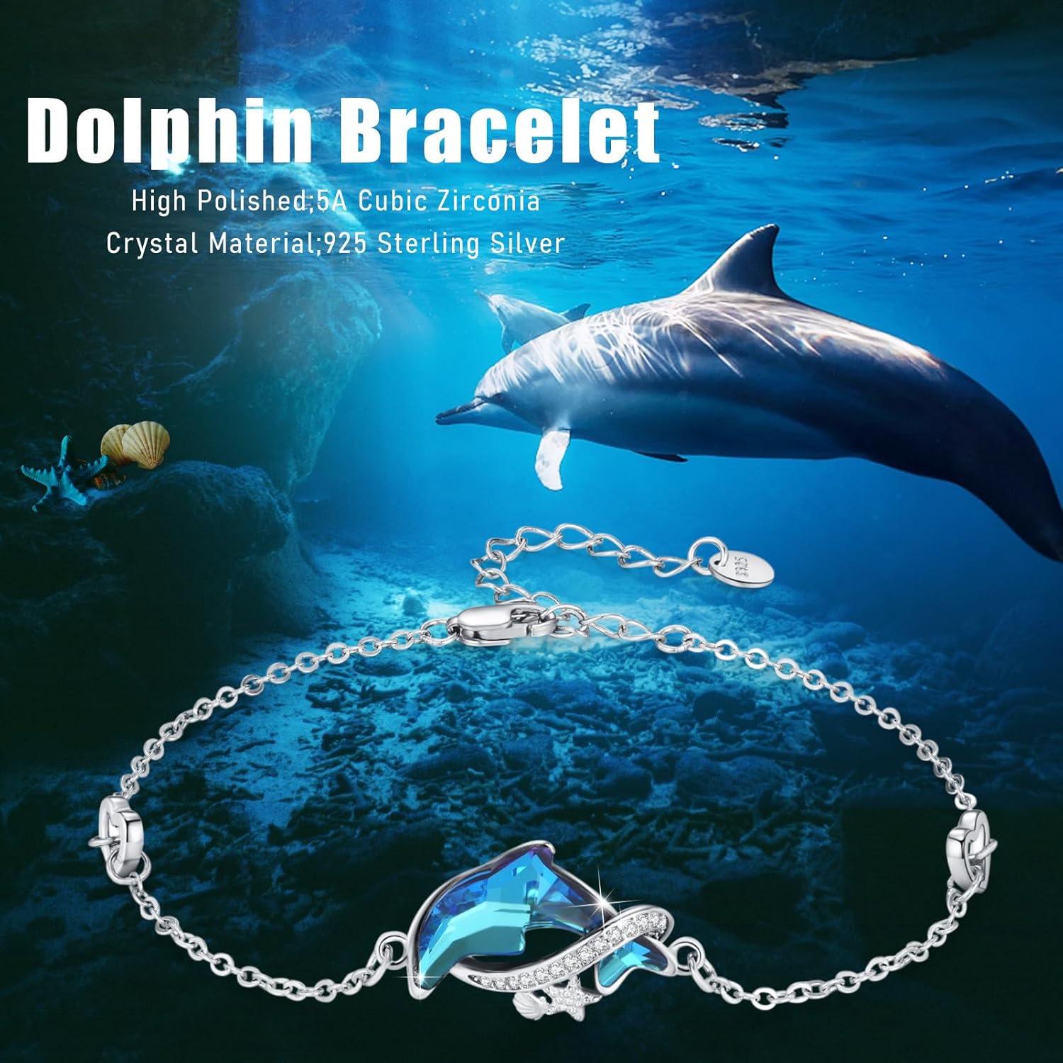 Dolphin Bracelet for Women Sterling Silver Crystal Dolphin Bracelet Blue Crystal Adjustable Ocean Beach Theme Jewelry Gifts for Mom Girlfriend Friend on Birthday Mother's Day Anniversary Valentine's Day Christmas for Family