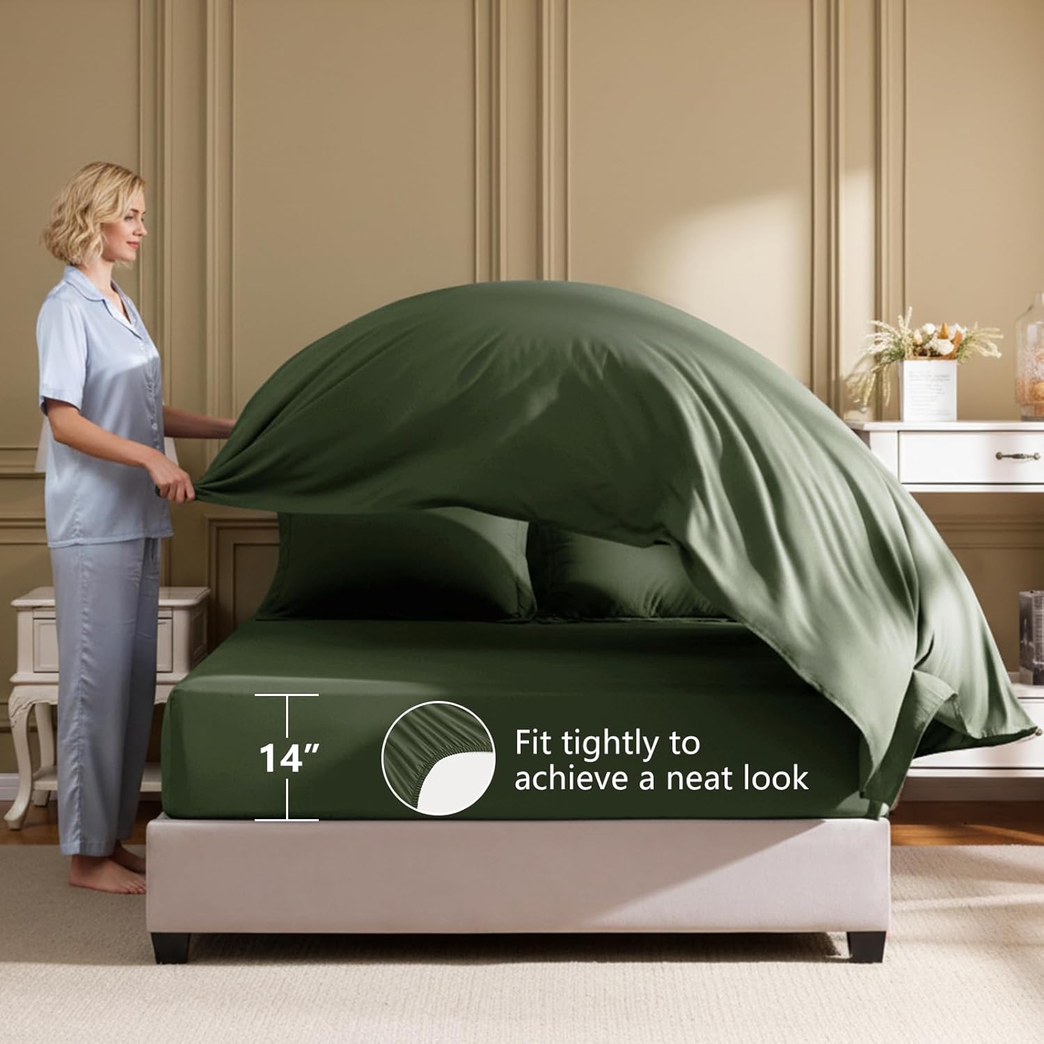 Olive Green Queen Comforter Set, 7 Pieces Bed in a Bag Queen Lightweight Bedding Set, All Season Soft 7PC Bed Set with Comforter, Flat Sheet, Fitted Sheet, Pillowcases & Pillow Shams - Image 5