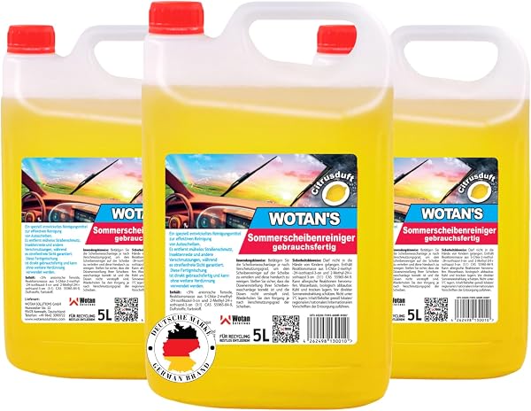 Wotan's 15L Scheibenreiniger | Scheibenwischwasser Sommer Citrusduft | streifenfrei – getestet | Premiumqualität aus Deutschland | polycarbonatverträglich und Fächerdüsengeeignet (3x5 Liter) - 1