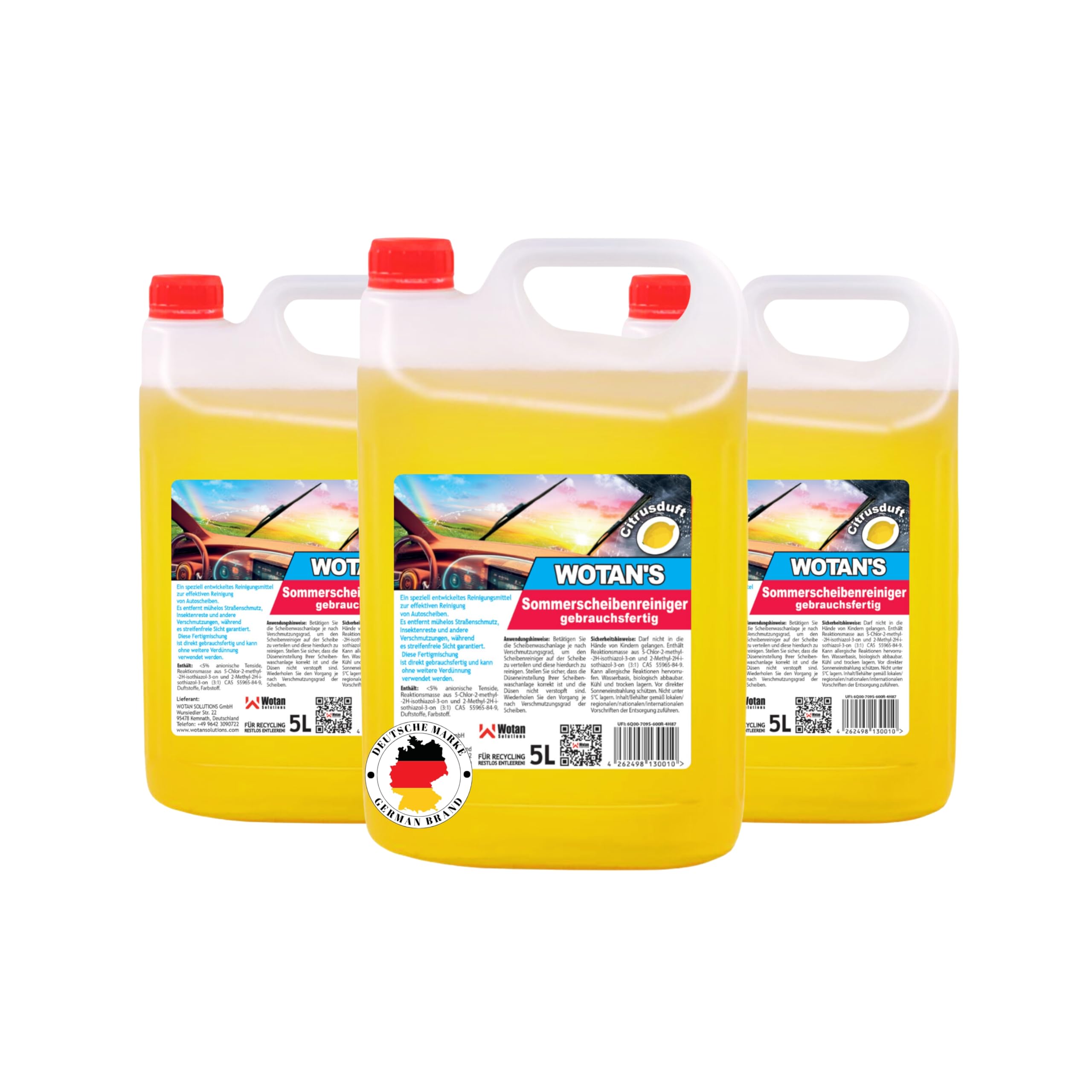 15 Liter Wotan's Scheibenreiniger Scheibenwasser Sommer Citrusduft | streifenfrei – getestet | Premiumqualität aus Deutschland | polycarbonatverträglich und Fächerdüsengeeignet (3x5L)