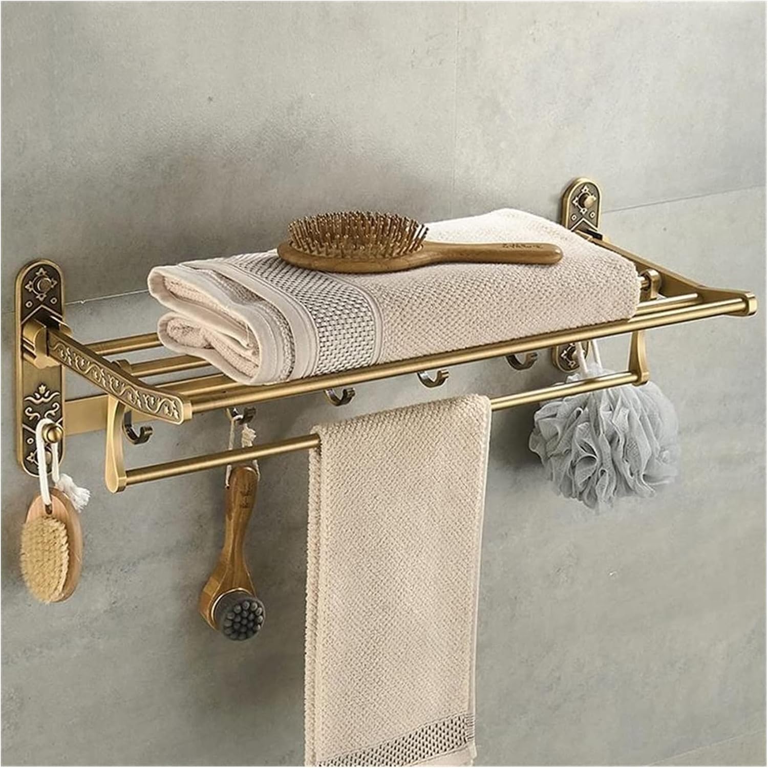 Towel Rail Bathroom Towel Rack Wall Mounted Towel Holder,Aluminum Foldable Antique Brass Bath Towel Rack,Active Bathroom Towel Holder,Double Towel Shelf with Hooks,Bathroom Accessories