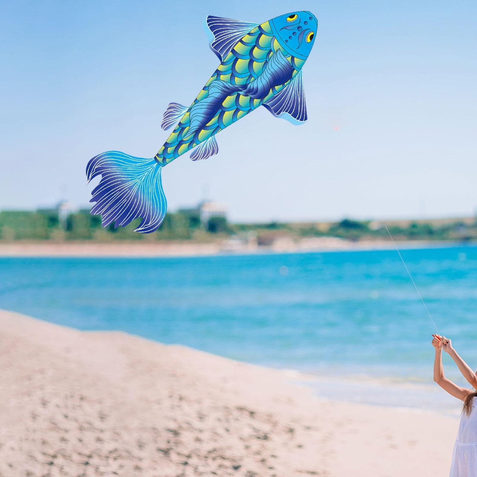 TISHITA Koi Drachen Beeindruckender Fischdrachen Kreativer Karpfen Outdoor Flugdrachen Spielzeug Aus Polyester für Geschenk Strandausflug Und Kinderfreizeit, Blau