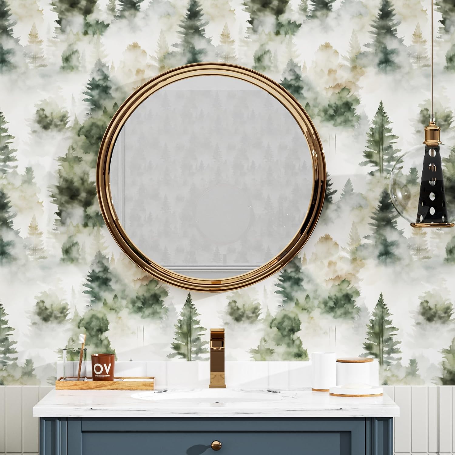 Foggy Forest Wallpaper Peel and Stick 17.4" x 393" Misty Woodland Green/Yellow Trees Contact Paper Waterproof Self-Adhesive Wall Paper for Bedroom Countertop Desk Cabinets Decor Renter Friendly