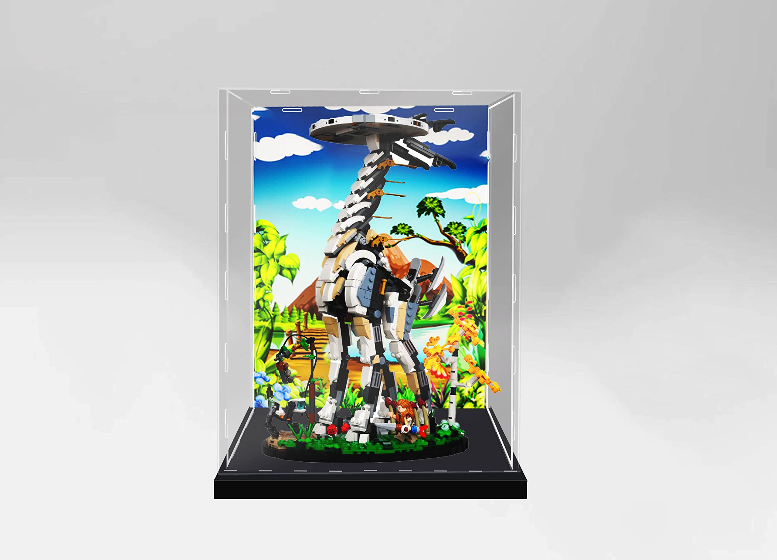 DK DISPLAYKINGAcrylic display case for LEGO® Horizon Forbidden West: Tallneck 76989 (Lego Set is not Included) (With theme background)(US STOCK)