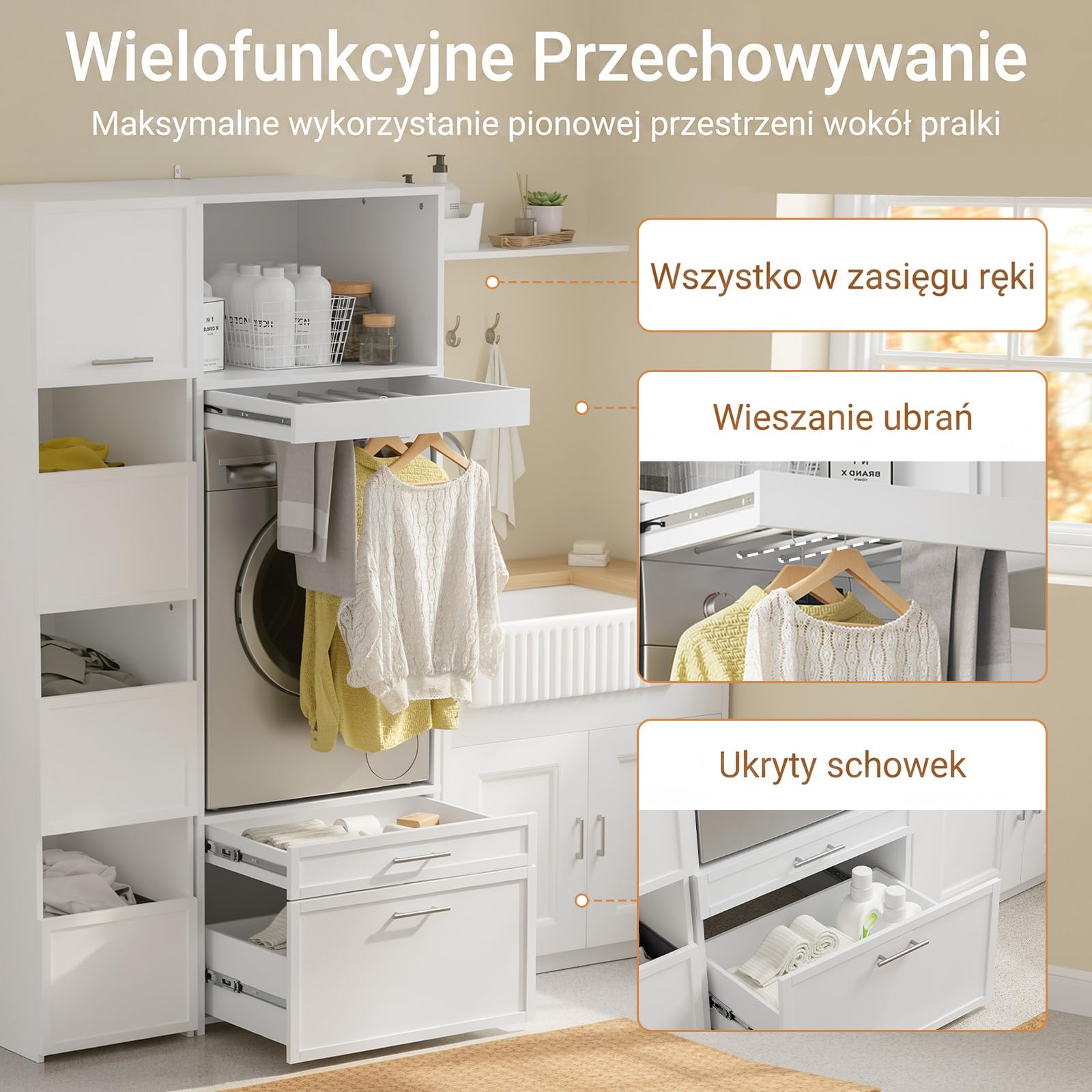 SoBuy Szafka na pralkę z wysuwanym drążkiem na ubrania, 66 x 60,5 x 186 cm