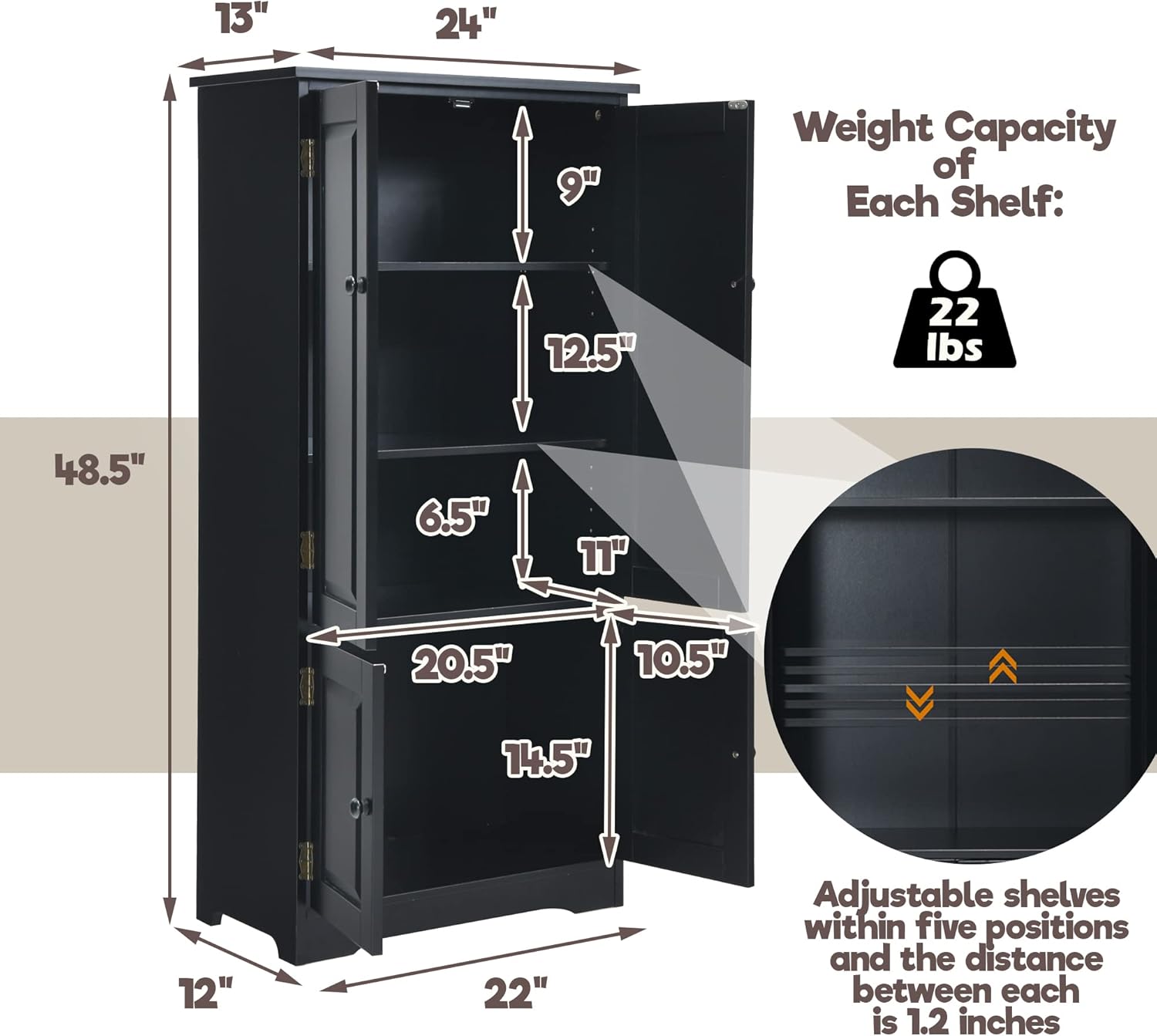 LOKO Kitchen Pantry Storage Cabinet, Modern Kitchen Cupboard with Adjustable Shelves and Anti-toppling Device, Multifunctional Floor Cabinet, 24 x 13 x 48.5 inches (Black)