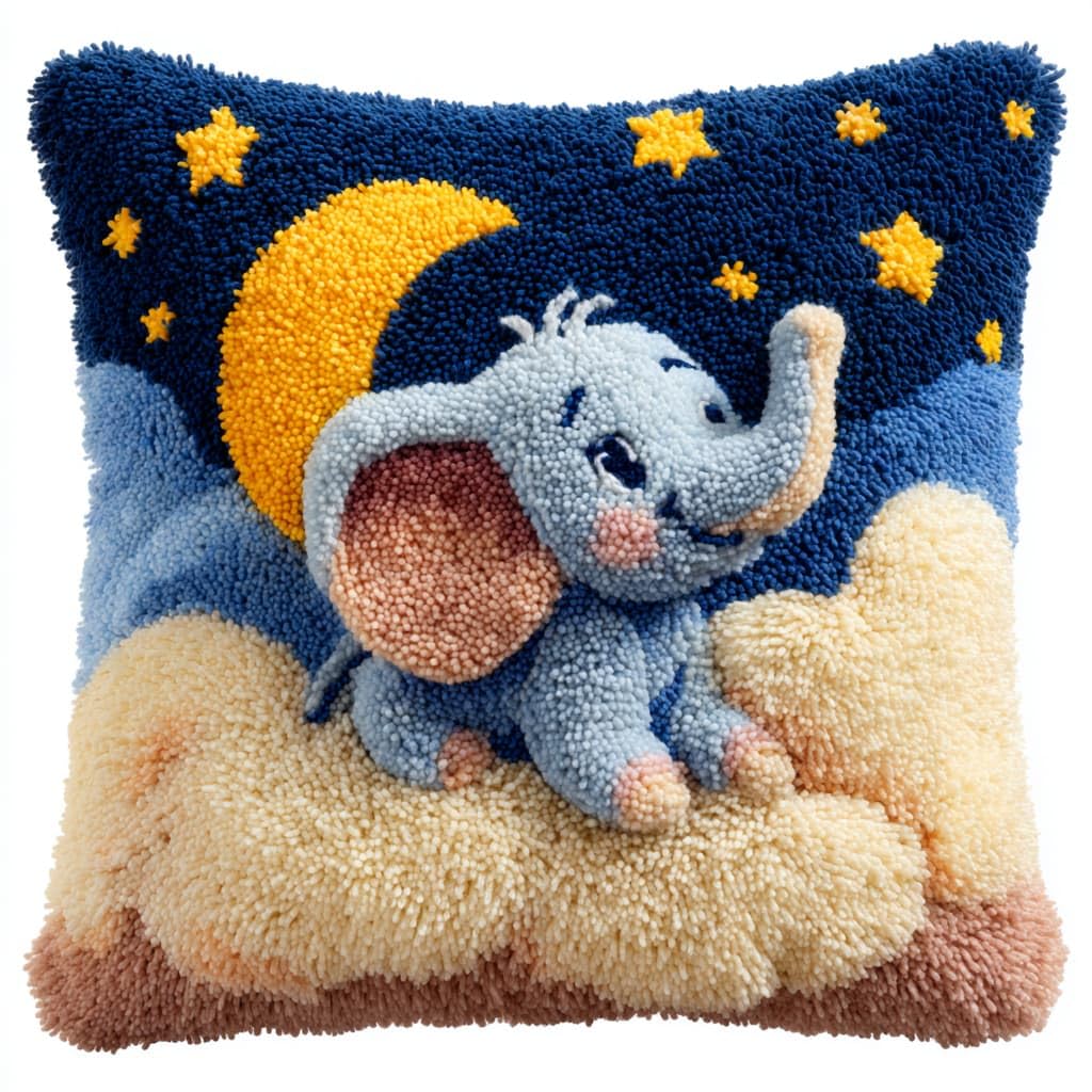Taxpy DIY Latch Hook Pillow Cover Kits, Elephant and Moon Stamped Handamade Pillowcase Crochet Yarn Hook and Latch Emboridery Throw Pillow 43x43cm