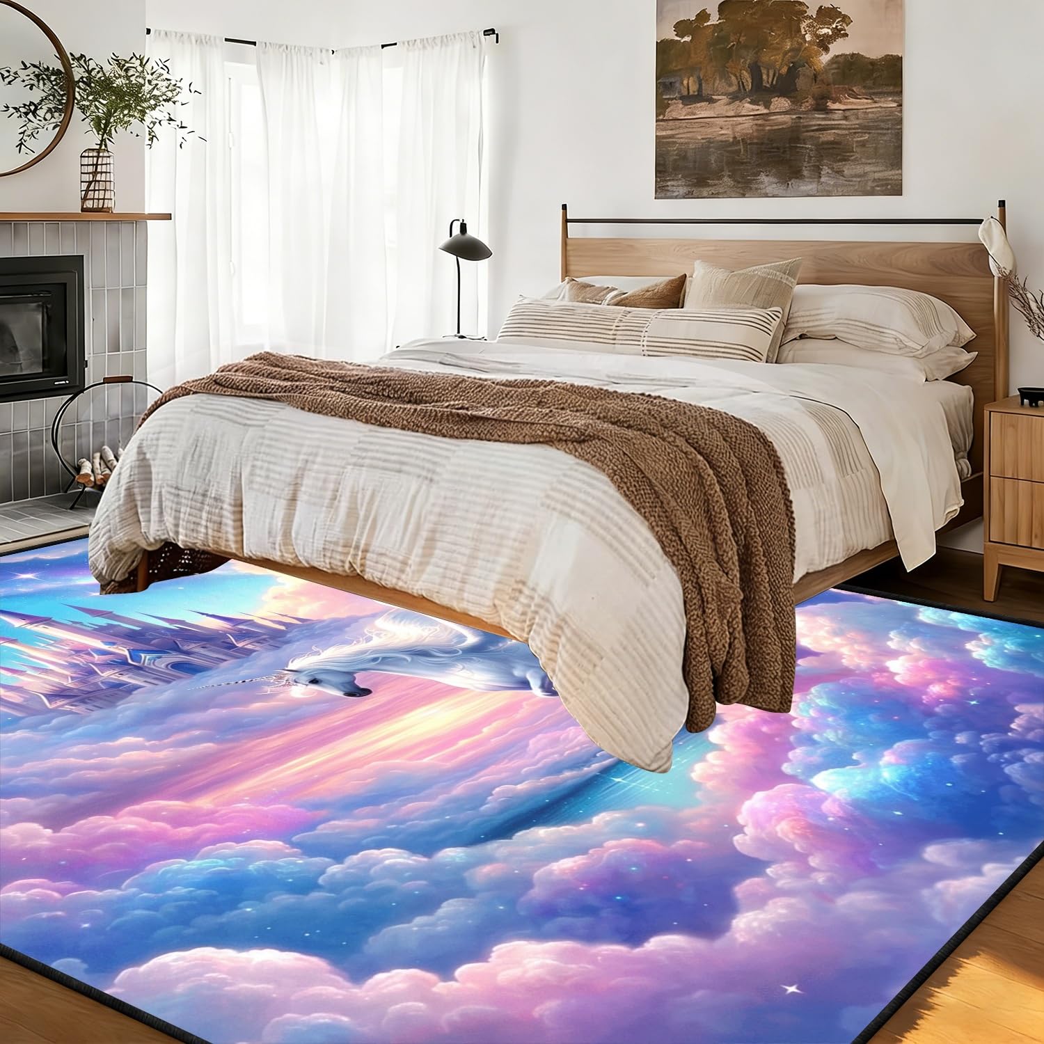 Fantasie Unicorn Kinder Teppiche, 60x110cm, Verträumt Blau Rosa Wolken Magie Schloss Teppich für Mädchen, Gemütlich Weich rutschfest Klappbar Teppich für Baby Schlafzimmer Kindergarten
