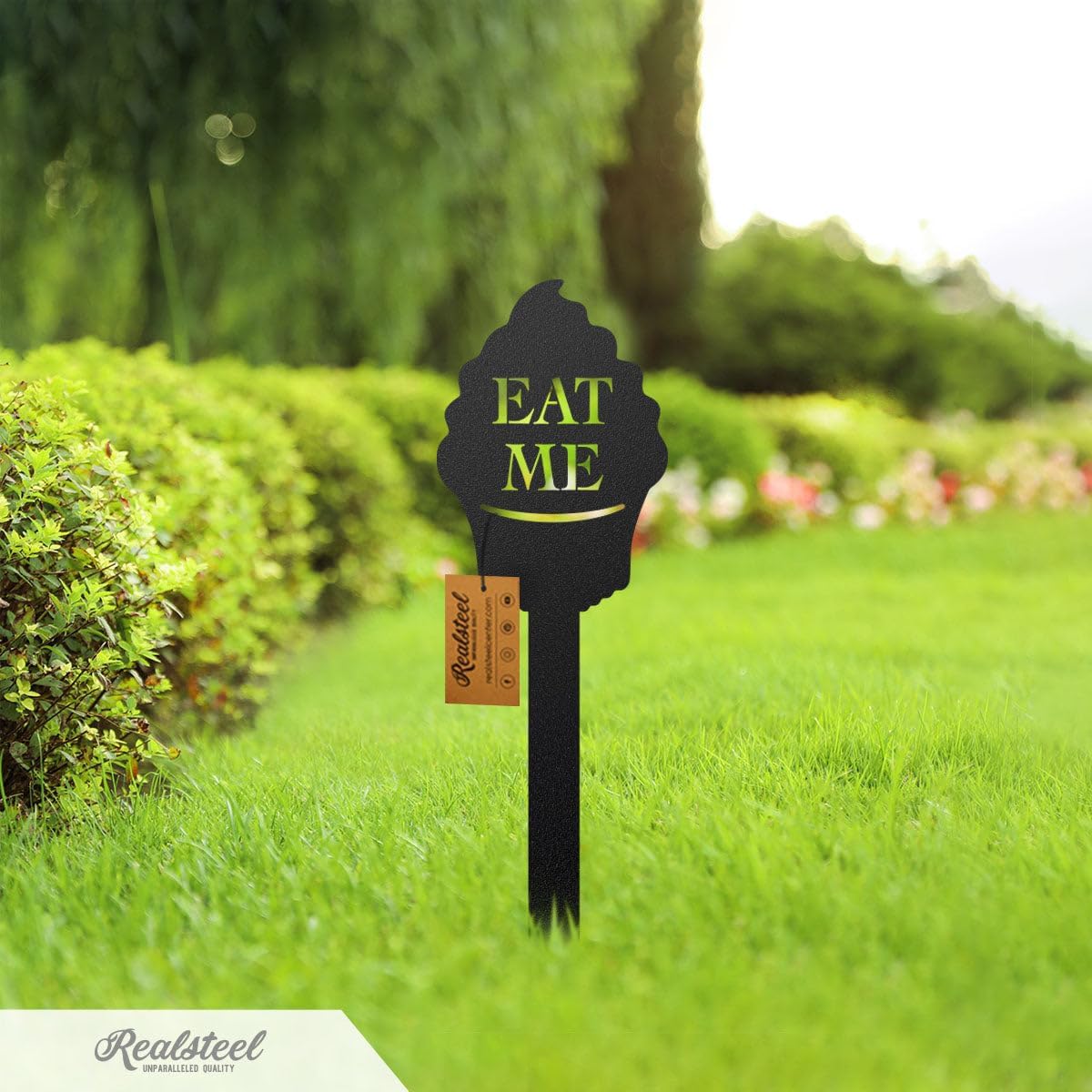 Alice in Wonderland Garden Stakes – Set 4: Eat Me, Drink Me, We’re All Mad Here – RealSteel Original Outdoor Décor – Powder Coated American Steel – Made in USA (Black)