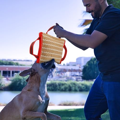 Miniatura 5 de Libima 2 almohadas para perros con asas fuertes, herramientas de entrenamiento de tira y afloja, almohadilla de lino para cachorros, jóvenes,