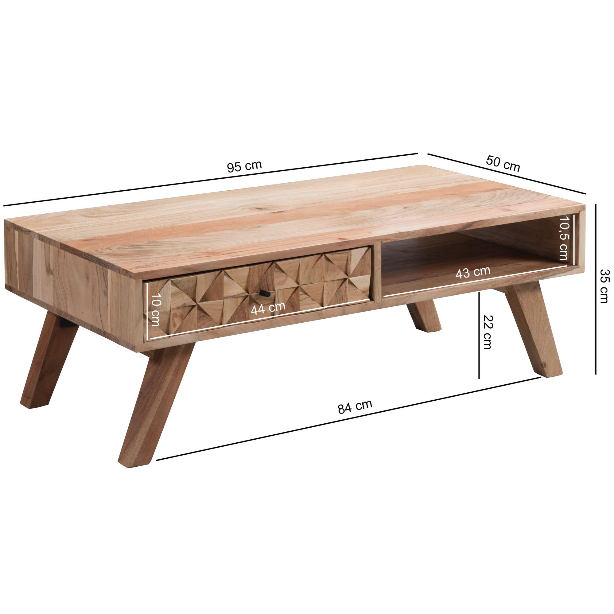 FineBuy Couchtisch 95x50x35 cm Akazie Massivholz mit Schublade | Wohnzimmertisch mit 3D-Front und Ablagefach, Sofatisch im Landhausstil, Echtholz handgefertigt, Unikat