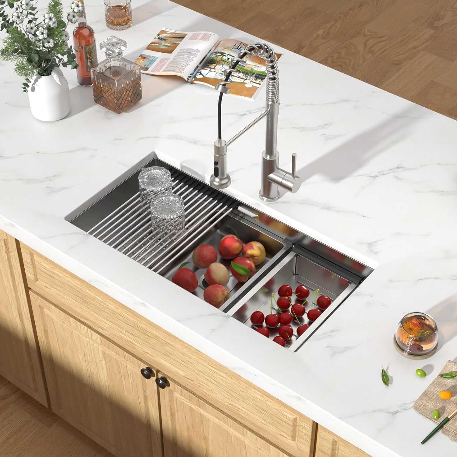 32 Undermount Kitchen Sink - 32"x17" Two-Tiered Ledge Workstation 16 Gauge Single Bowl Undermount Sink Stainless Steel All-In One Under Counter Sinks Upgraded Fast Drain & Anti-Clog #TLU-0031