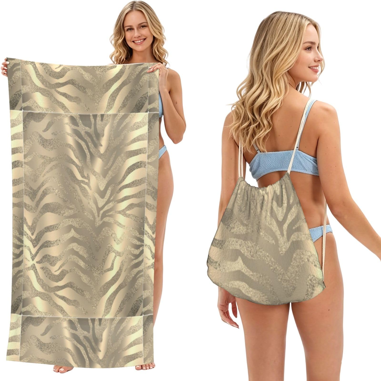 Poadnly As Picture Safari African Gold Glam Zebra Animal Skin Sepia, 2 In 1 Packable Towel Bag, Beach Towels With Drawstring Backpack For Travel Holiday Camping